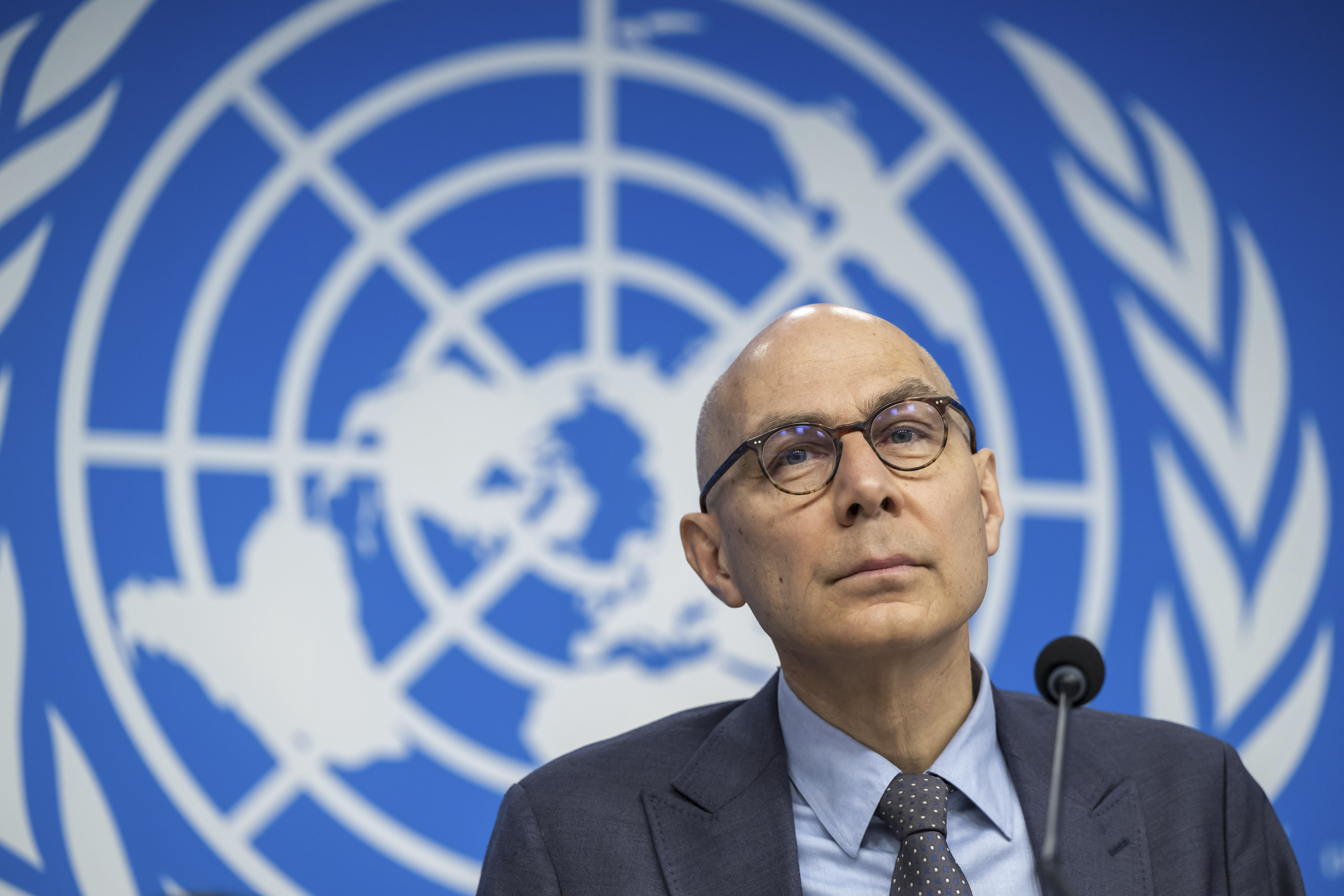 U.N. High Commissioner for Human Rights (UNHCR) Volker Turk (Tuerk), pauses as he speaks during a press conference about the publication of UN Human Rights fact-finding report on Bangladesh protests, at the European headquarters of the United Nations, in Geneva, Switzerland, Wednesday, Feb. 12, 2025. (Martial Trezzini/Keystone via AP)