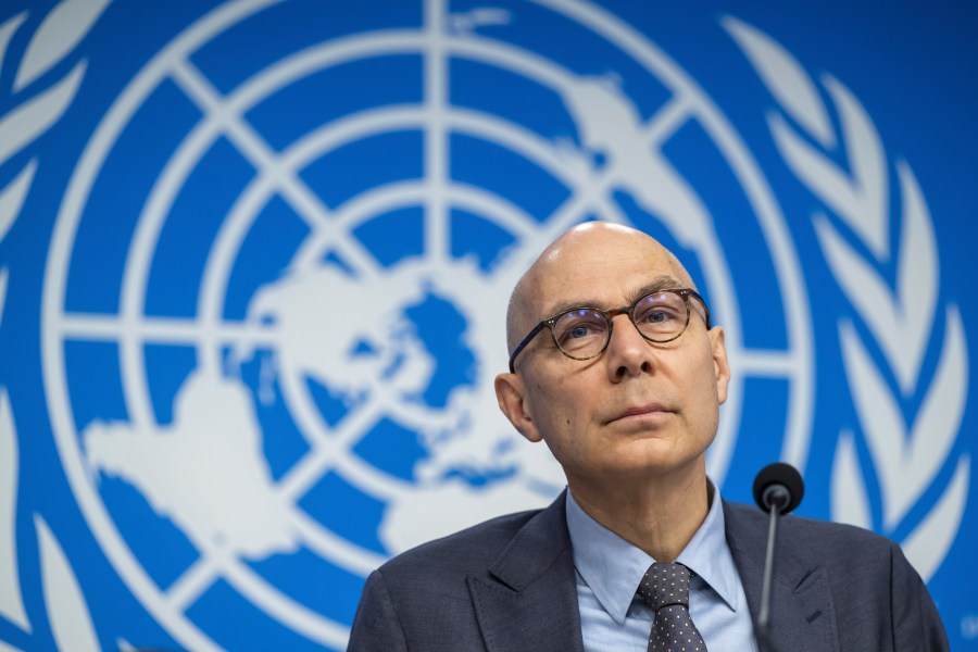 U.N. High Commissioner for Human Rights (UNHCR) Volker Turk (Tuerk), pauses as he speaks during a press conference about the publication of UN Human Rights fact-finding report on Bangladesh protests, at the European headquarters of the United Nations, in Geneva, Switzerland, Wednesday, Feb. 12, 2025. (Martial Trezzini/Keystone via AP)