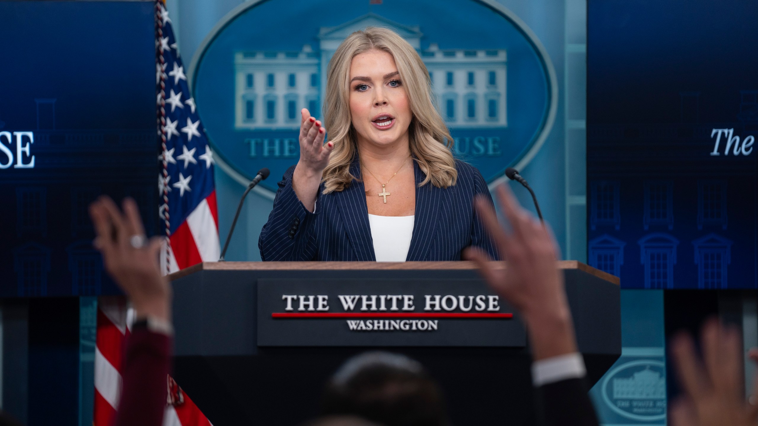 White House press secretary Karoline Leavitt speaks during a briefing at the White House, Wednesday, Feb. 12, 2025, in Washington. (AP Photo/Evan Vucci)