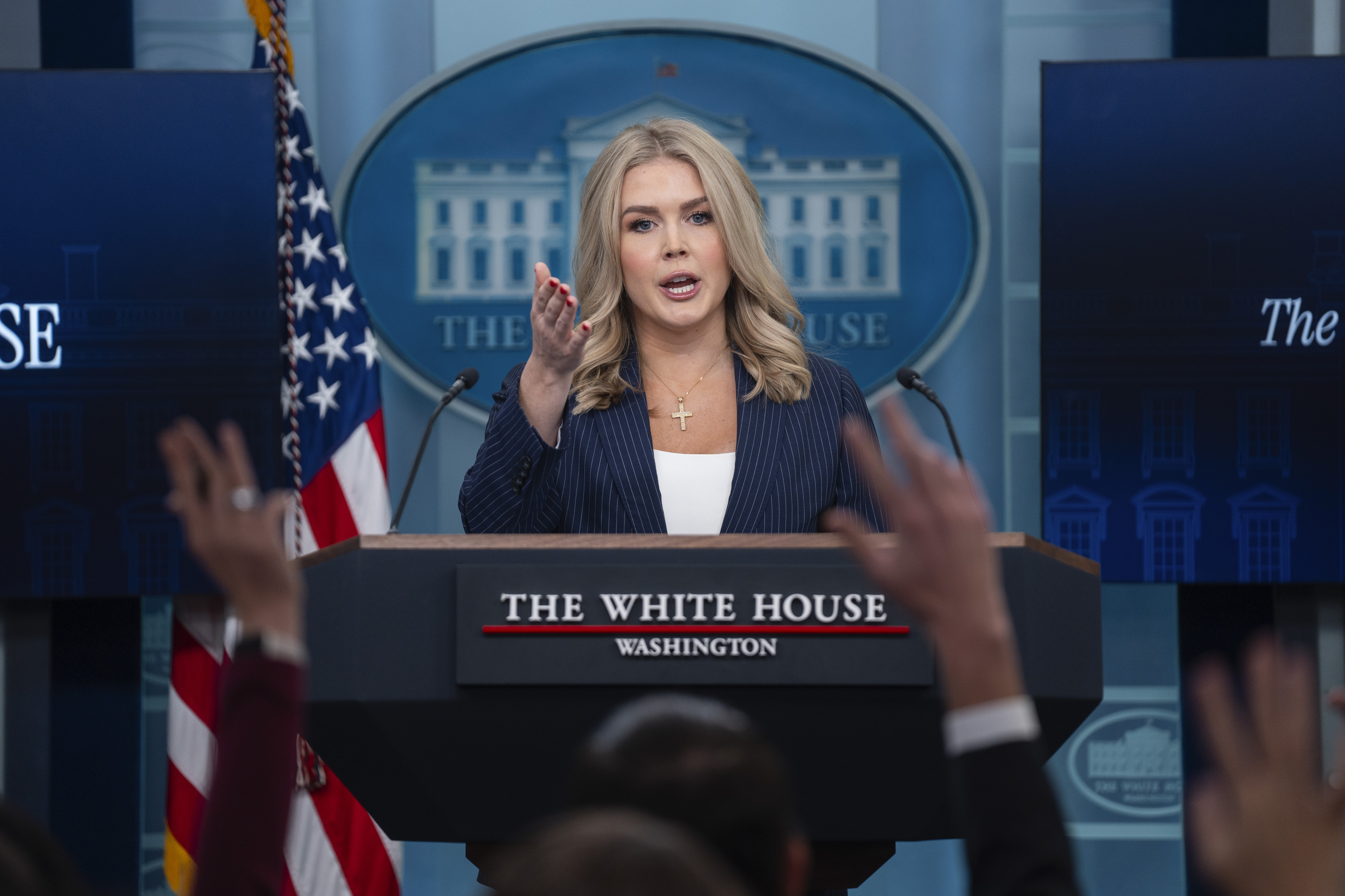 White House press secretary Karoline Leavitt speaks during a briefing at the White House, Wednesday, Feb. 12, 2025, in Washington. (AP Photo/Evan Vucci)