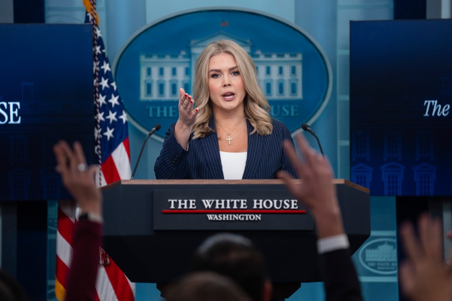 White House press secretary Karoline Leavitt speaks during a briefing at the White House, Wednesday, Feb. 12, 2025, in Washington. (AP Photo/Evan Vucci)