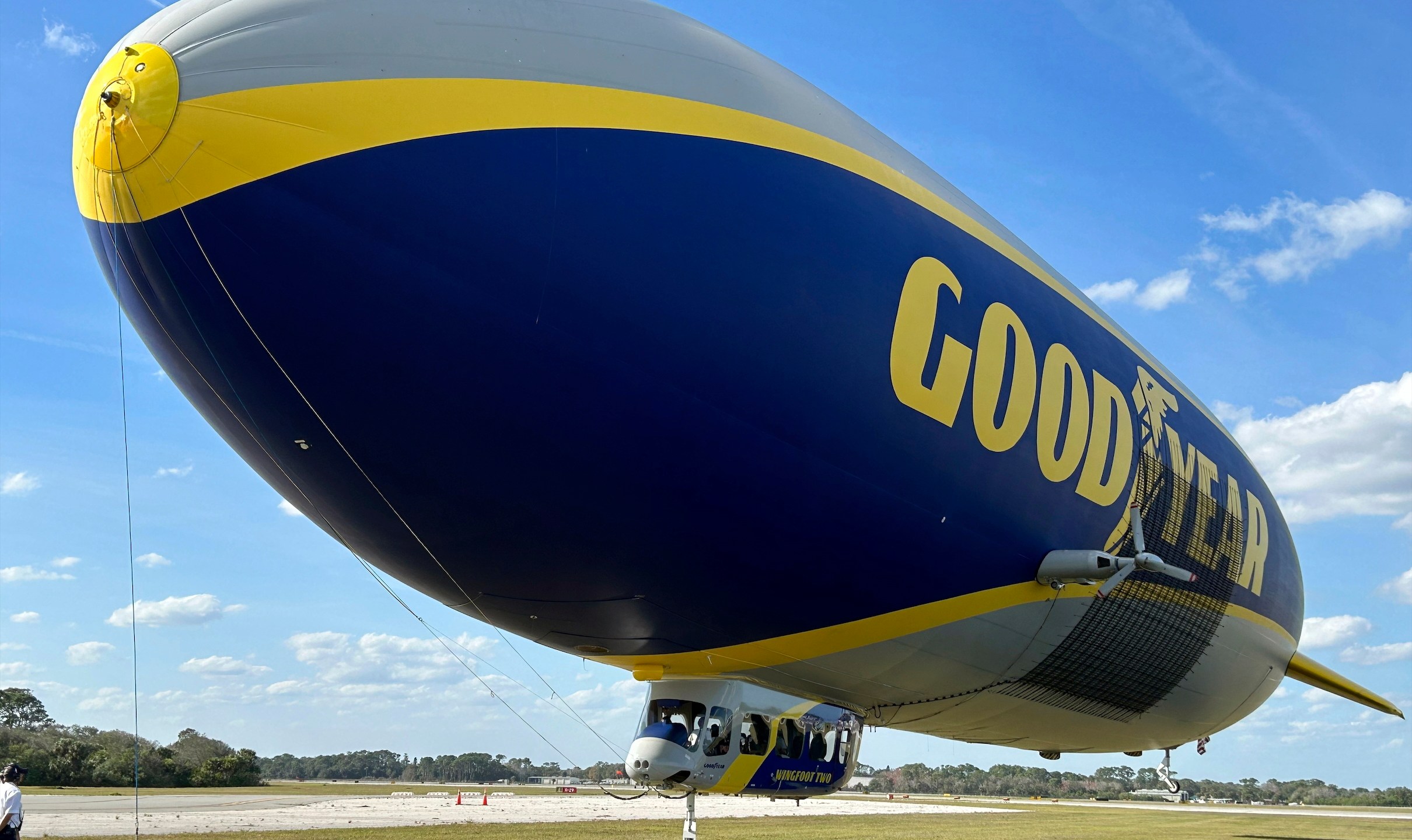 The Goodyear Blimp is prepared for takeoff, Wednesday, Feb. 12, 2025, in New Smyrna Beach, Fla. (AP Photo/Mark Long)