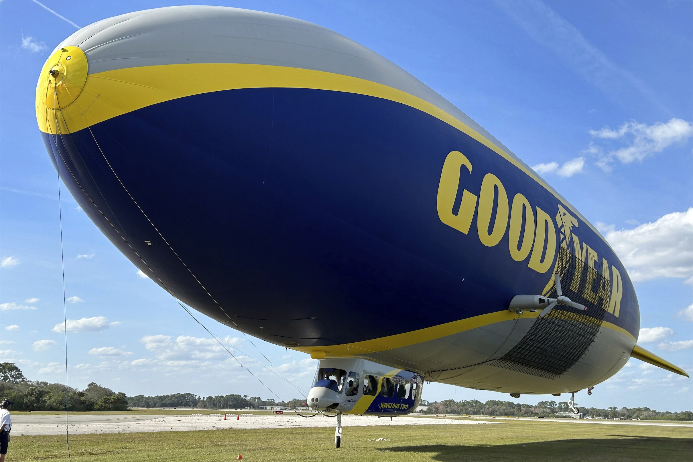 The Goodyear Blimp is prepared for takeoff, Wednesday, Feb. 12, 2025, in New Smyrna Beach, Fla. (AP Photo/Mark Long)