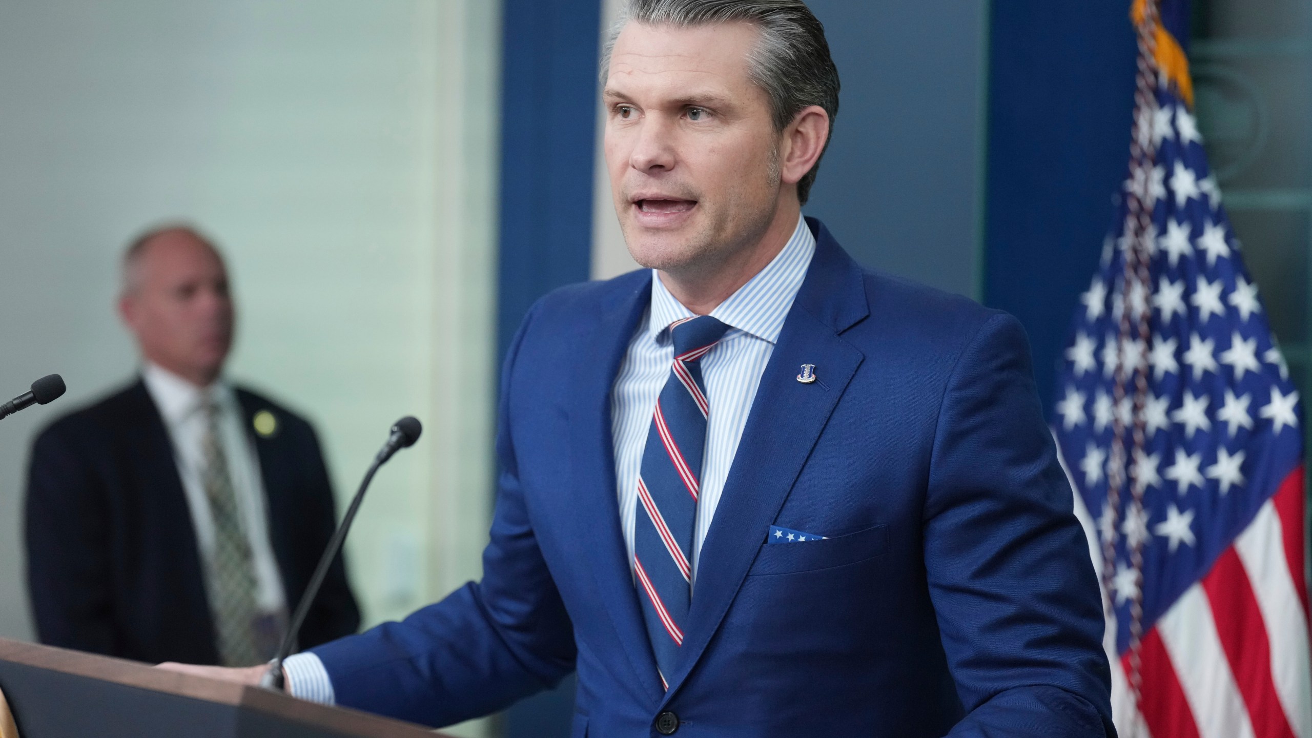 Defense Secretary Pete Hegseth speaks with reporters in the James Brady Press Briefing Room at the White House, Thursday, Jan. 30, 2025, in Washington. (AP Photo/Jacquelyn Martin)