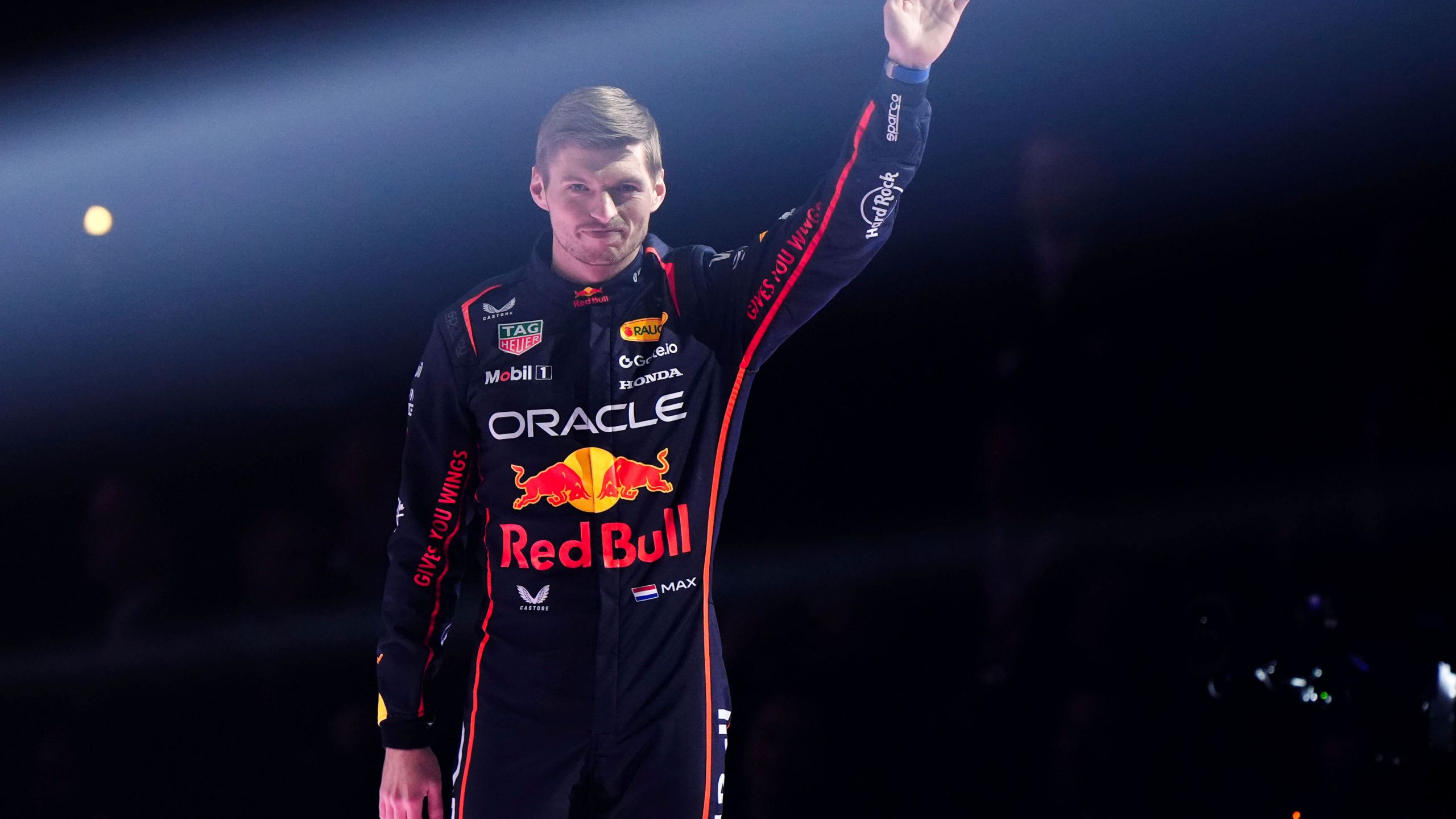 Red Bull driver Max Verstappen waves during the F1 75 Live event at the O2 arena in London, England, Tuesday, Feb. 18, 2025.(Bradley Collyer/PA via AP)