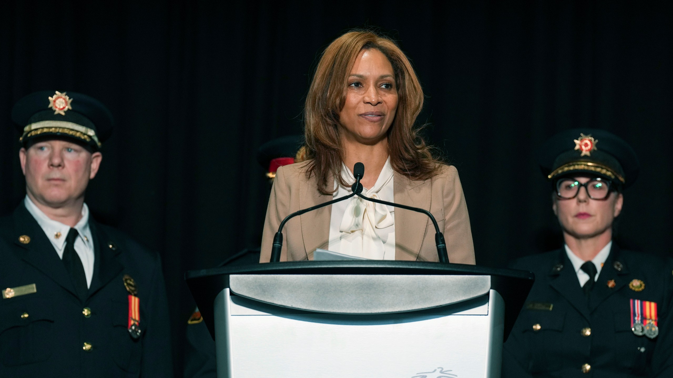 Deborah Flint, CEO of Greater Toronto Airports Authority, speaks to the media at Toronto Pearson Airport, Tuesday Feb. 18, 2025. (Chris Young/The Canadian Press via AP)