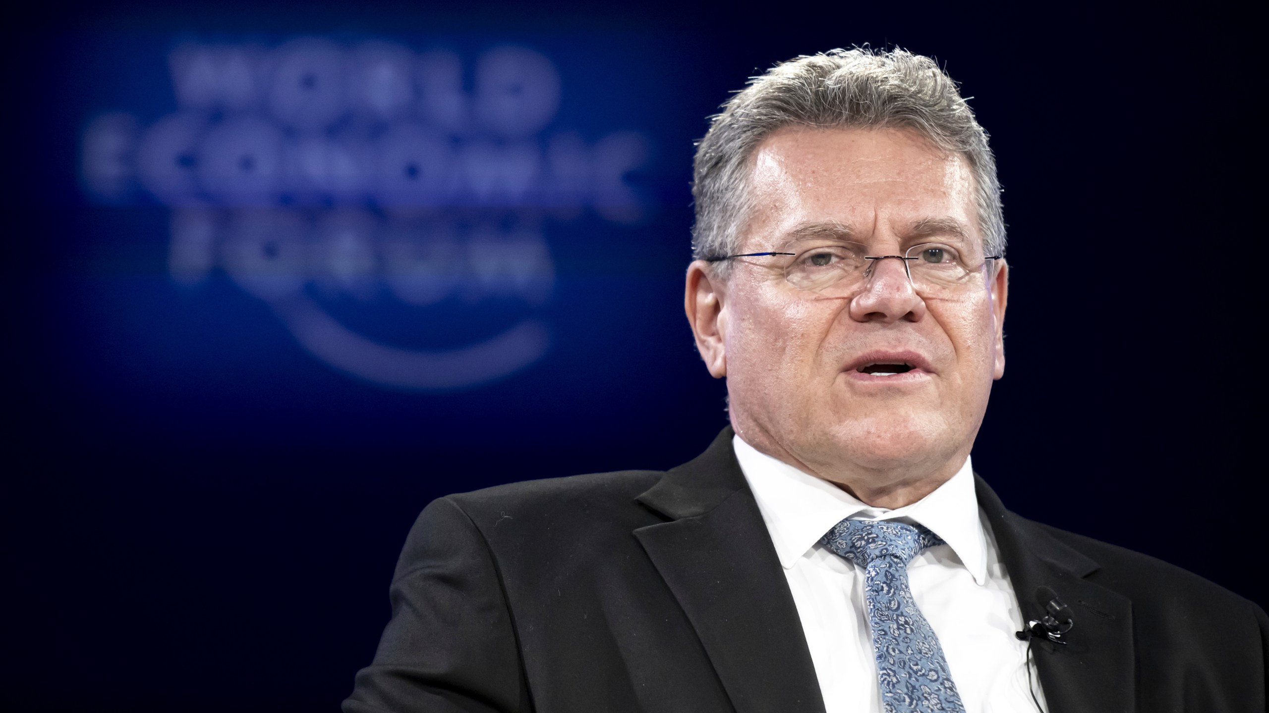 Maros Sefcovic, EU Commissioner for Trade and Economic Security, attends the Annual Meeting of World Economic Forum in Davos, Switzerland, Thursday, Jan. 23, 2025. (Laurent Gillieron/Keystone via AP)