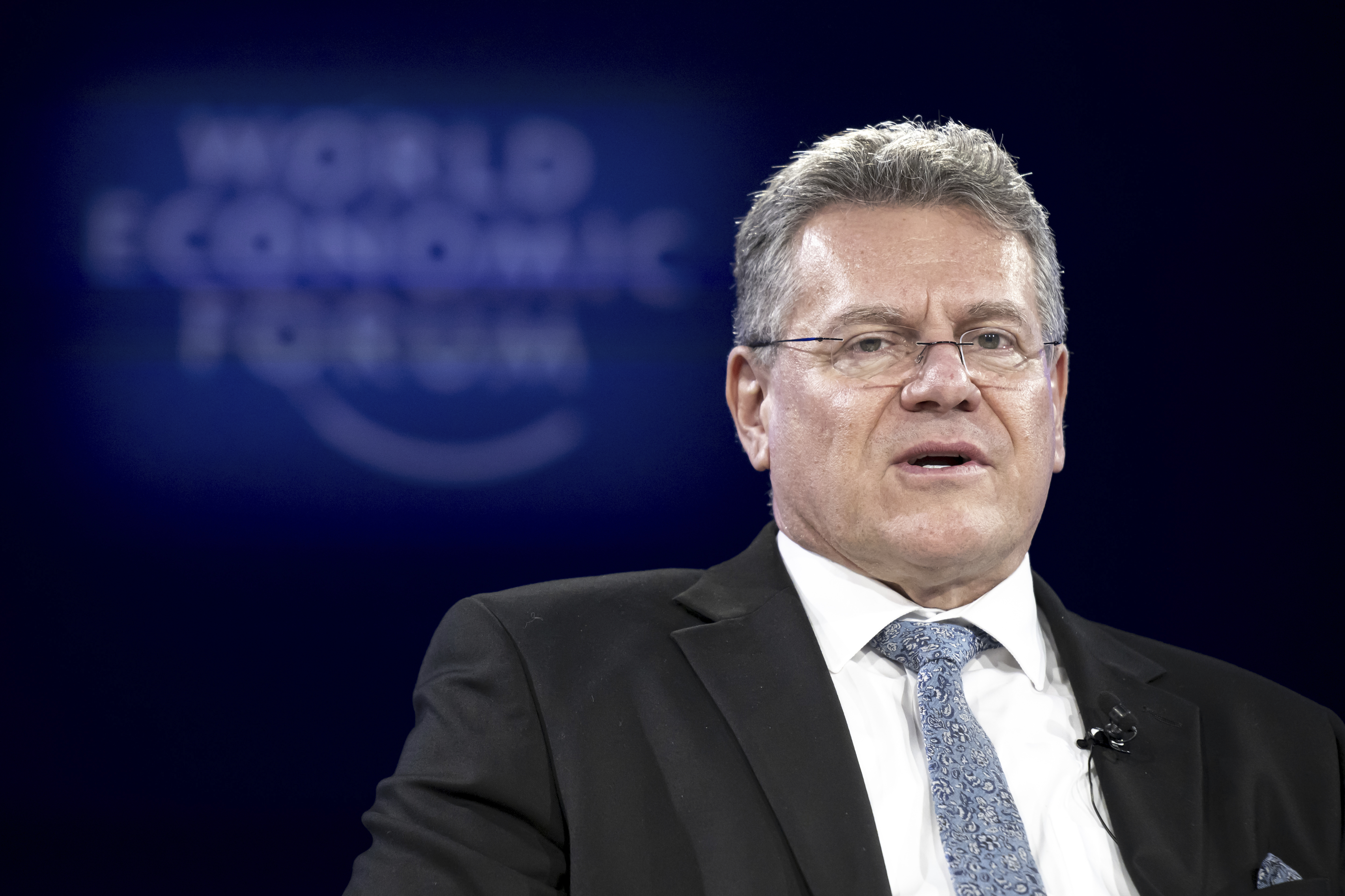 Maros Sefcovic, EU Commissioner for Trade and Economic Security, attends the Annual Meeting of World Economic Forum in Davos, Switzerland, Thursday, Jan. 23, 2025. (Laurent Gillieron/Keystone via AP)