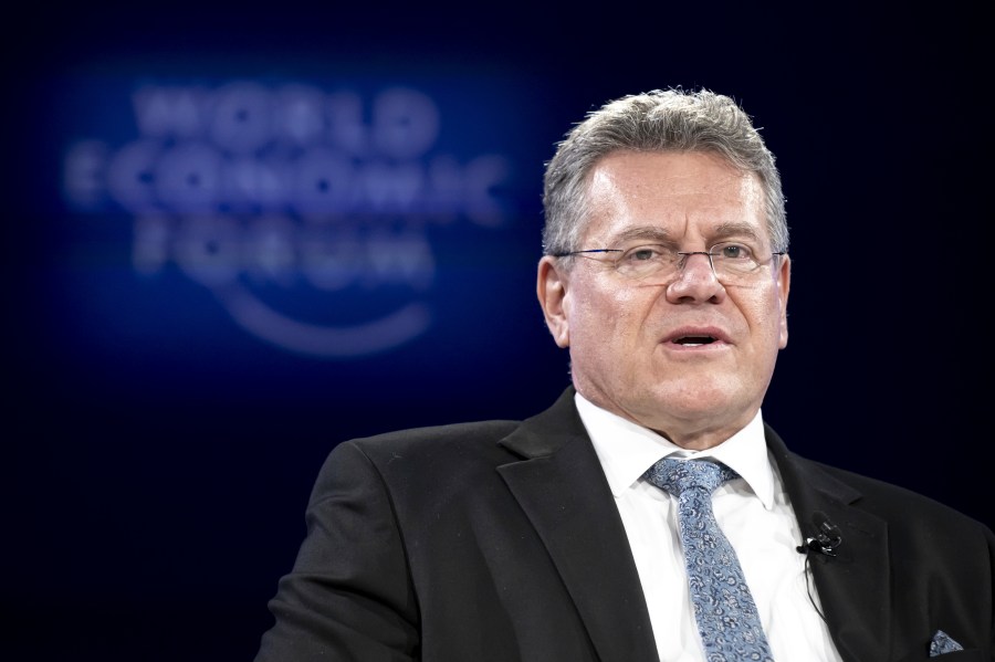 Maros Sefcovic, EU Commissioner for Trade and Economic Security, attends the Annual Meeting of World Economic Forum in Davos, Switzerland, Thursday, Jan. 23, 2025. (Laurent Gillieron/Keystone via AP)