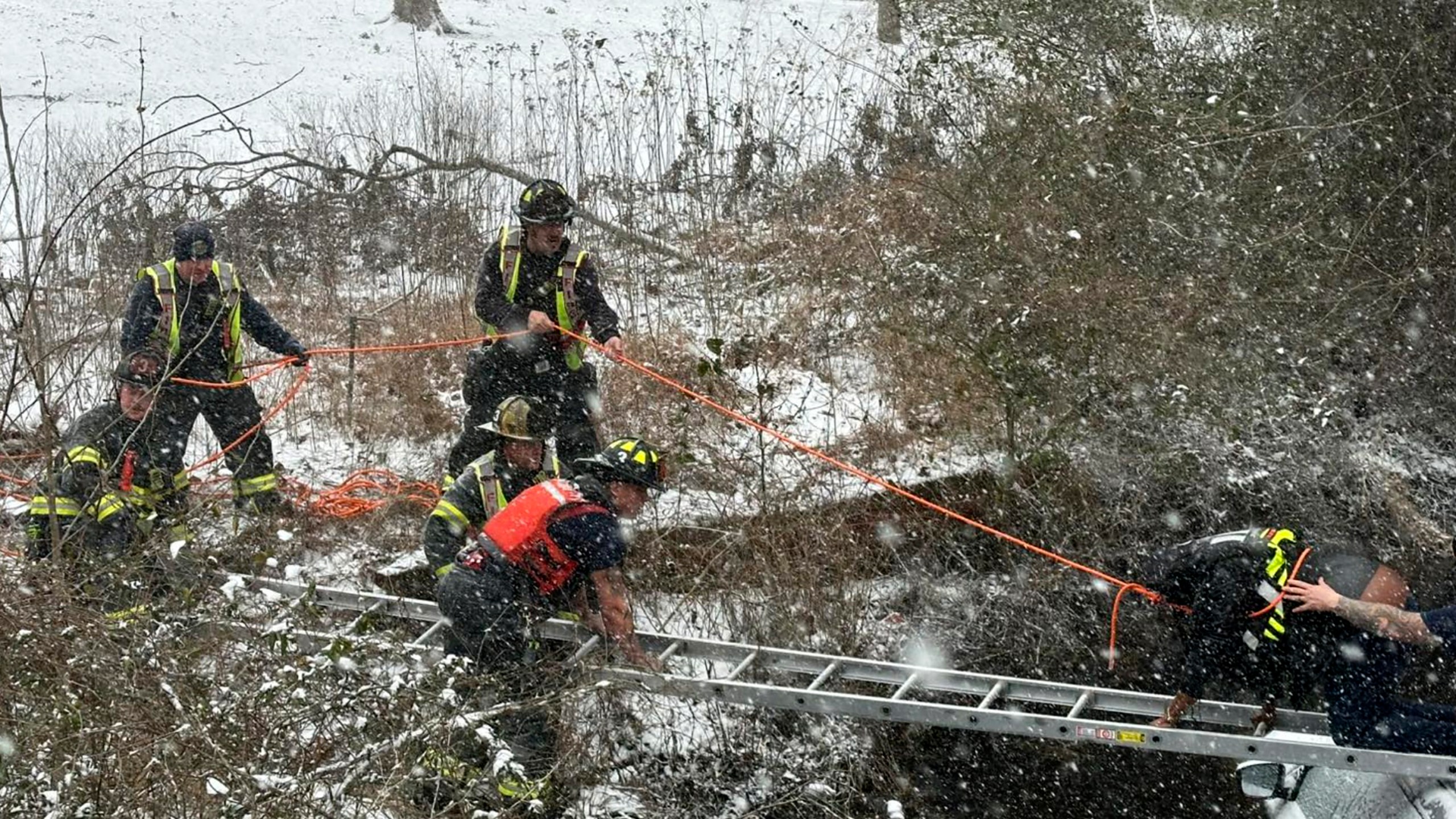 This image provided by the City of Suffolk Department of Fire & Rescue shows emergency workers rescuing a person from an SUV that crashed into water Wednesday, Feb. 19, 2025 in Suffolk, Va. (City of Suffolk Department of Fire & Rescue via AP)