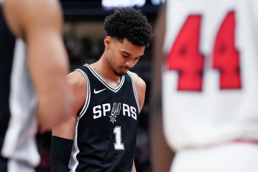 FILE - San Antonio Spurs center Victor Wembanyama reacts after a missed a free throw during the second half of an NBA basketball game against the Chicago Bulls in Chicago, Monday, Jan. 6, 2025. (AP Photo/Nam Y. Huh, File)