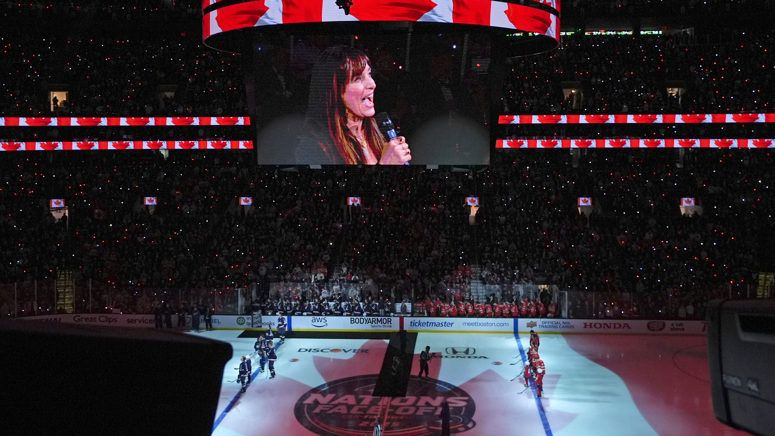 Singer Chantal Kreviazuk performs "O Canada" prior to the 4 Nations Face-Off championship hockey game, Thursday, Feb. 20, 2025, in Boston. (AP Photo/Charles Krupa)