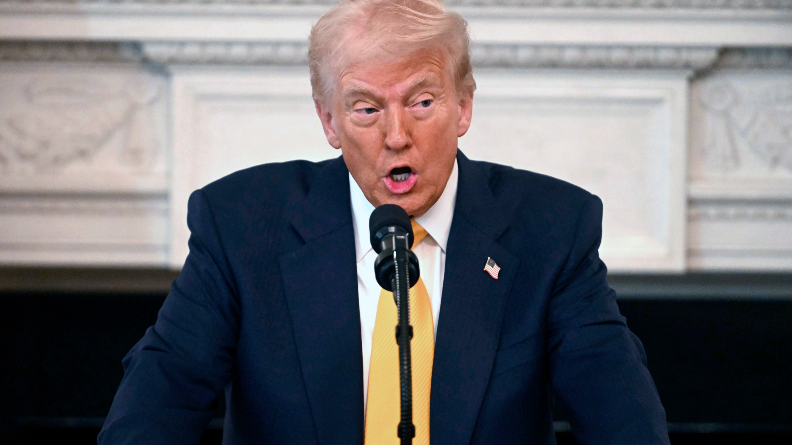 President Donald Trump speaks at the Governors Working Session in the State Dining Room of the White House in Washington, Friday, Feb. 21, 2025. (Pool via AP)