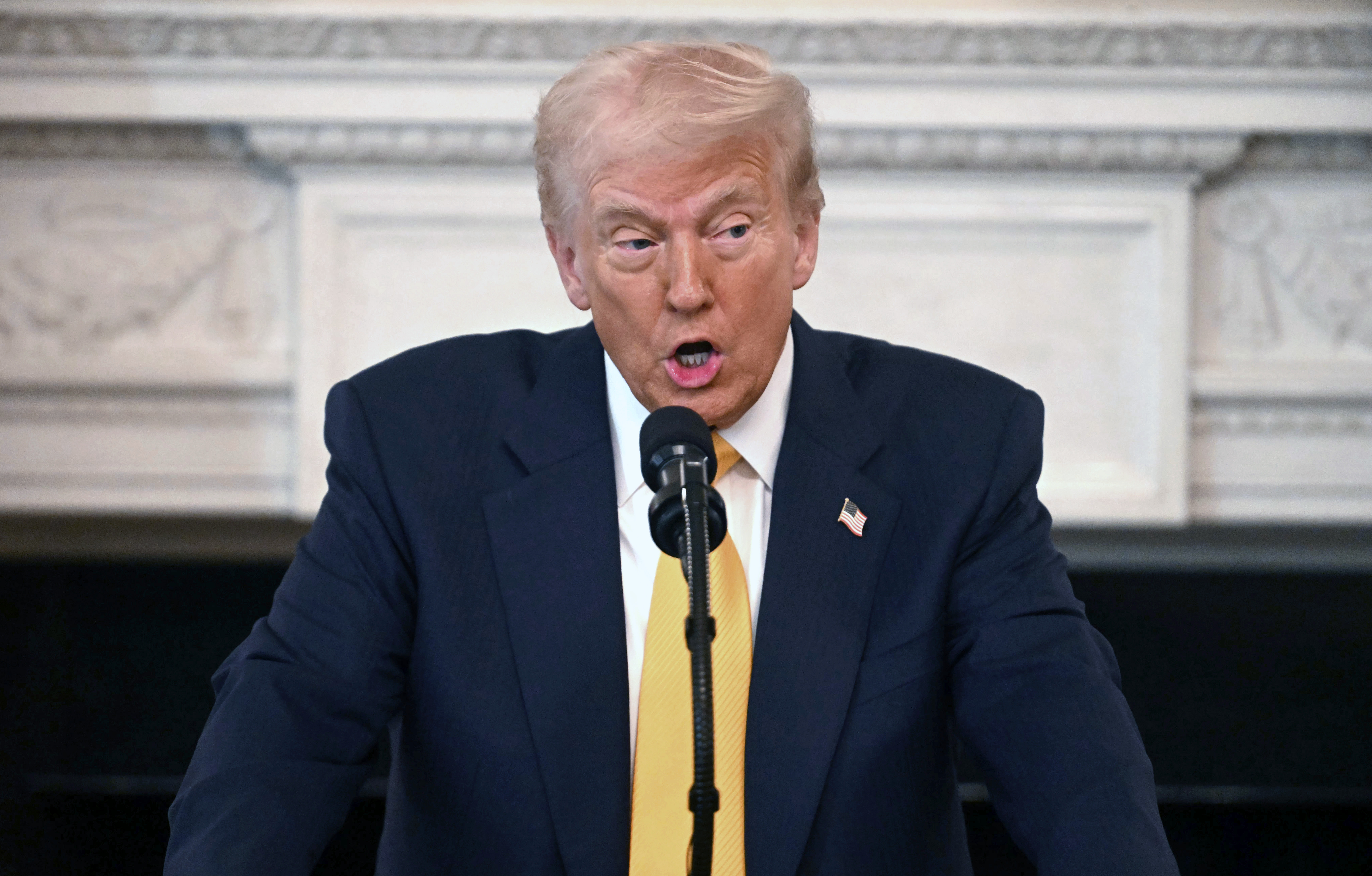 President Donald Trump speaks at the Governors Working Session in the State Dining Room of the White House in Washington, Friday, Feb. 21, 2025. (Pool via AP)