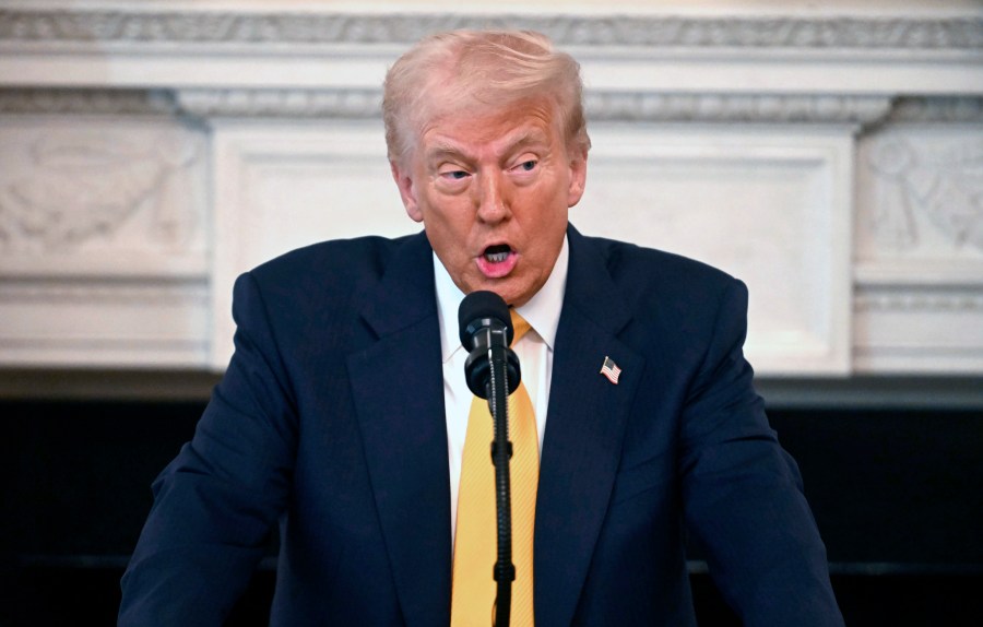 President Donald Trump speaks at the Governors Working Session in the State Dining Room of the White House in Washington, Friday, Feb. 21, 2025. (Pool via AP)