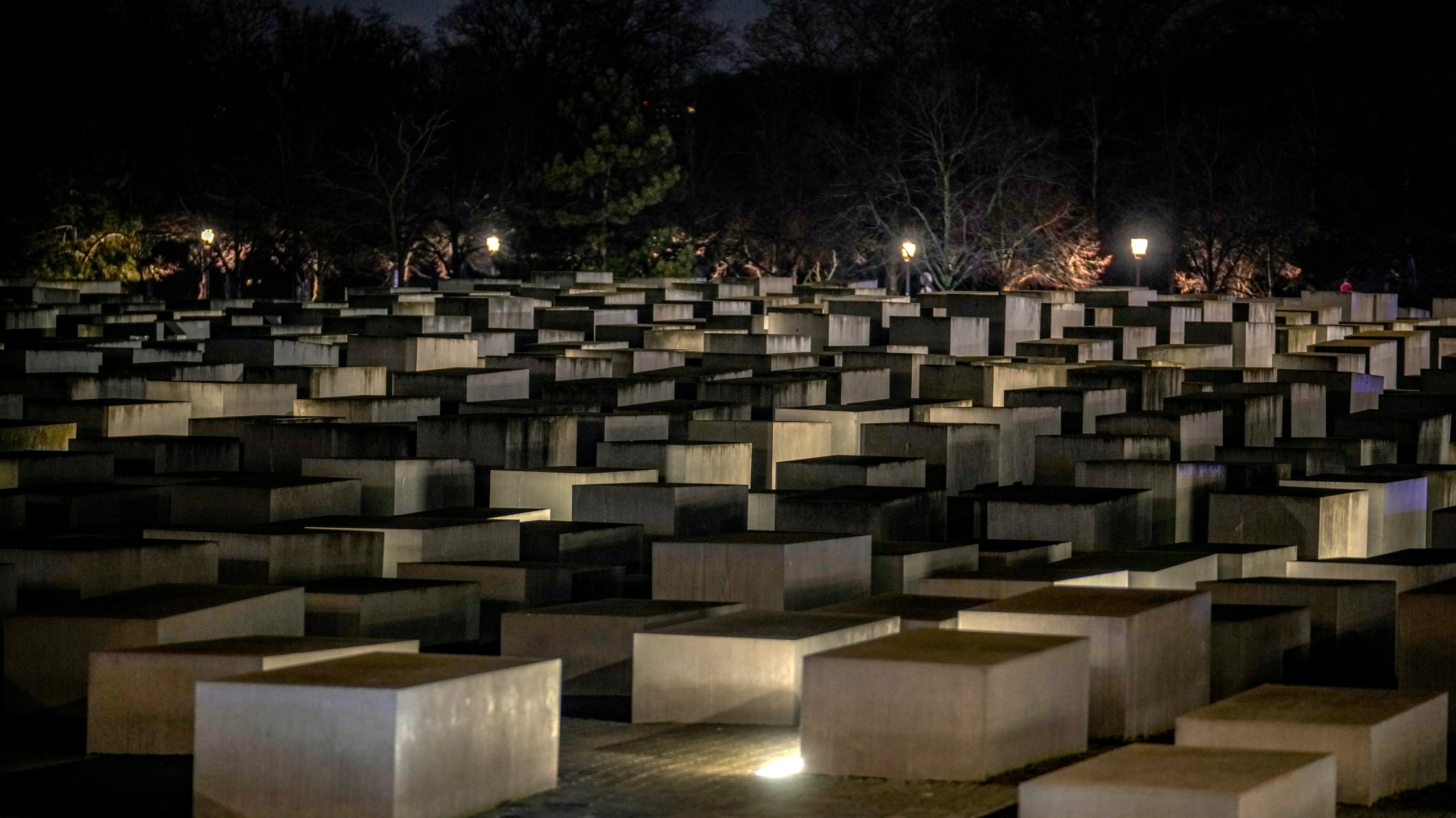 The Holocaust memorial after a man was attacked at the memorial site in Berlin, Germany, Friday, Feb. 21, 2025. (AP Photo/Ebrahim Noroozi)