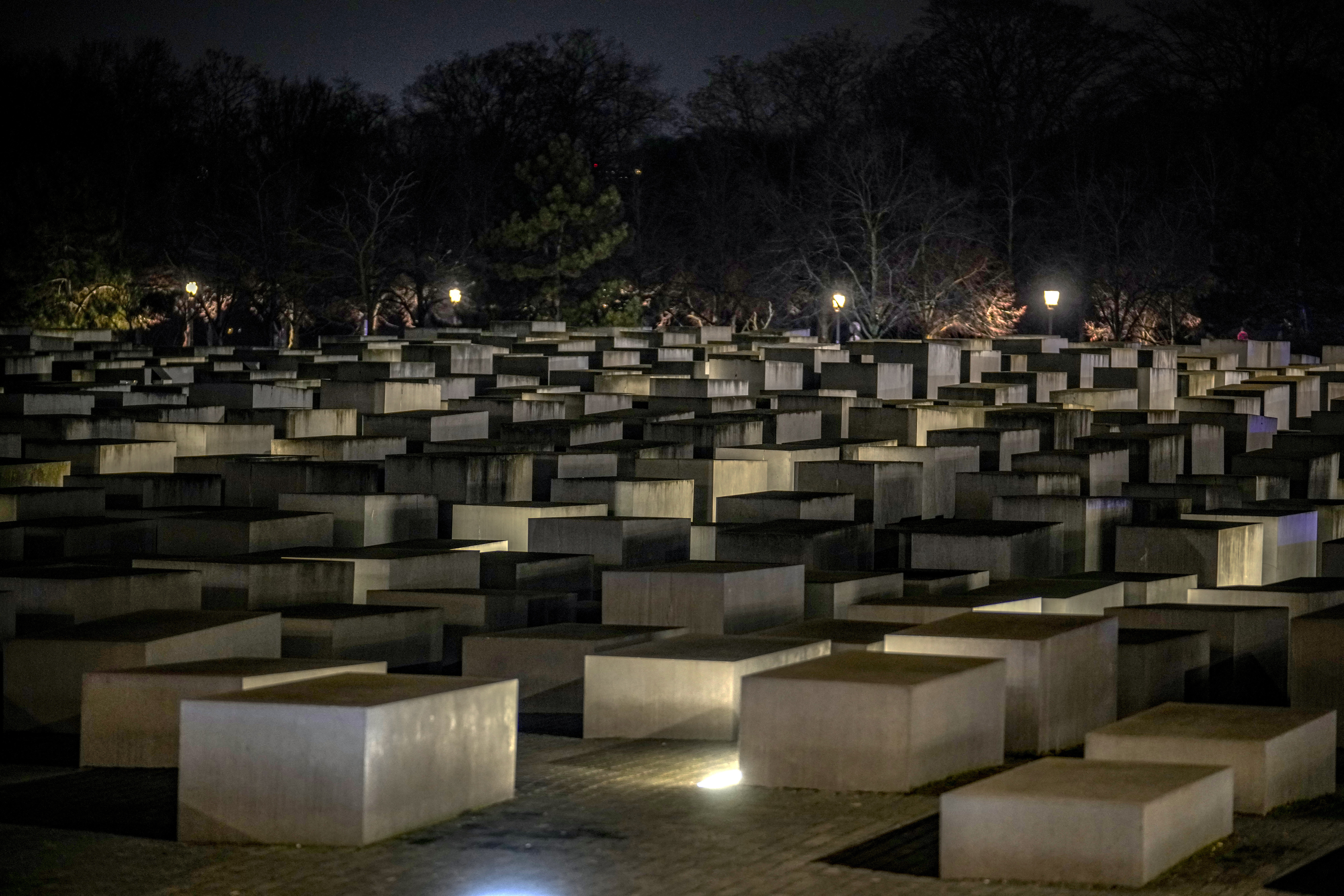 The Holocaust memorial after a man was attacked at the memorial site in Berlin, Germany, Friday, Feb. 21, 2025. (AP Photo/Ebrahim Noroozi)