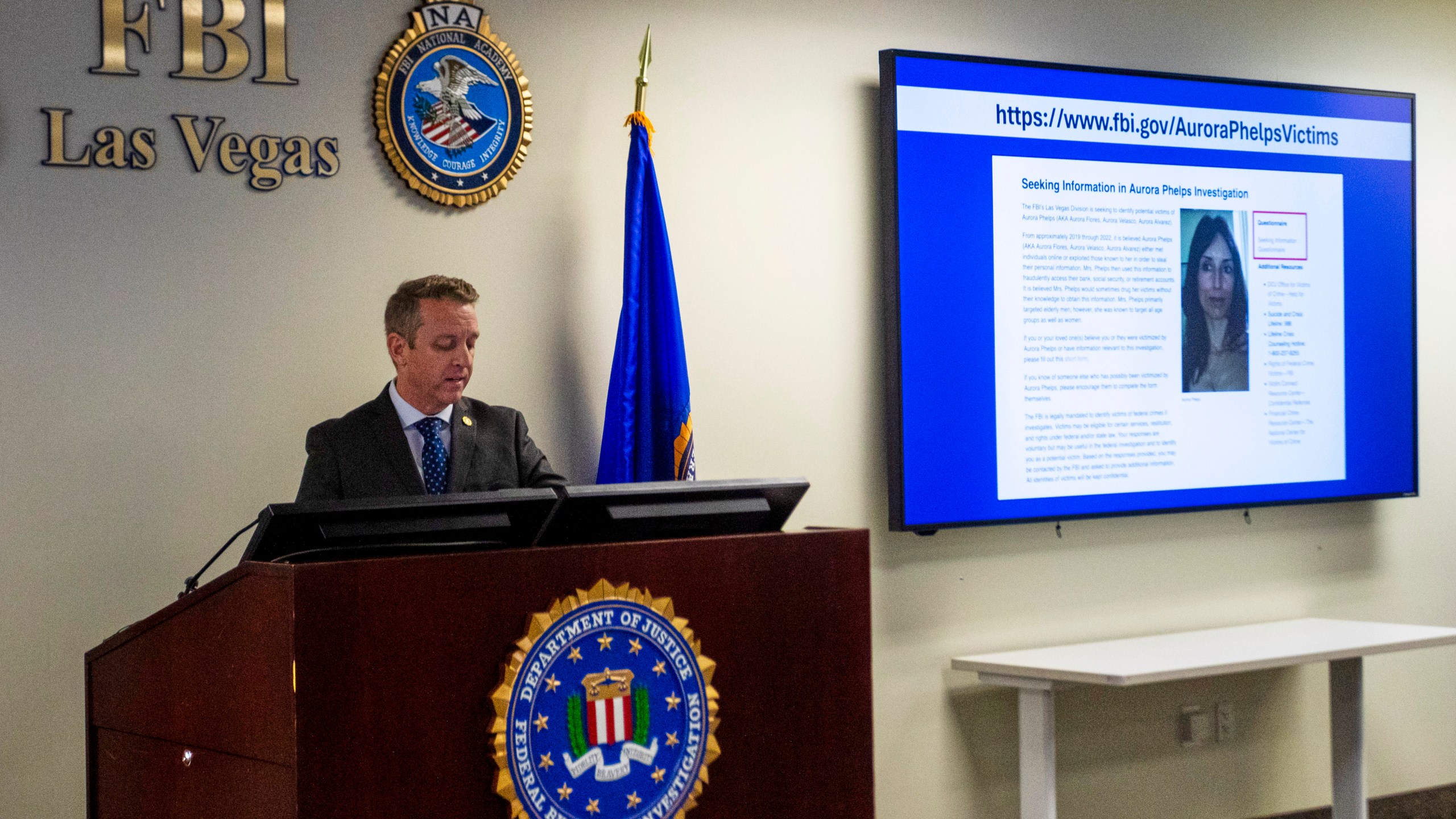 FBI Las Vegas Special Agent in Charge Spencer Evans speaks about a romance scheme that turned deadly during a news conference in Las Vegas, Friday, Feb. 21, 2025. (AP Photo/Ty ONeil)