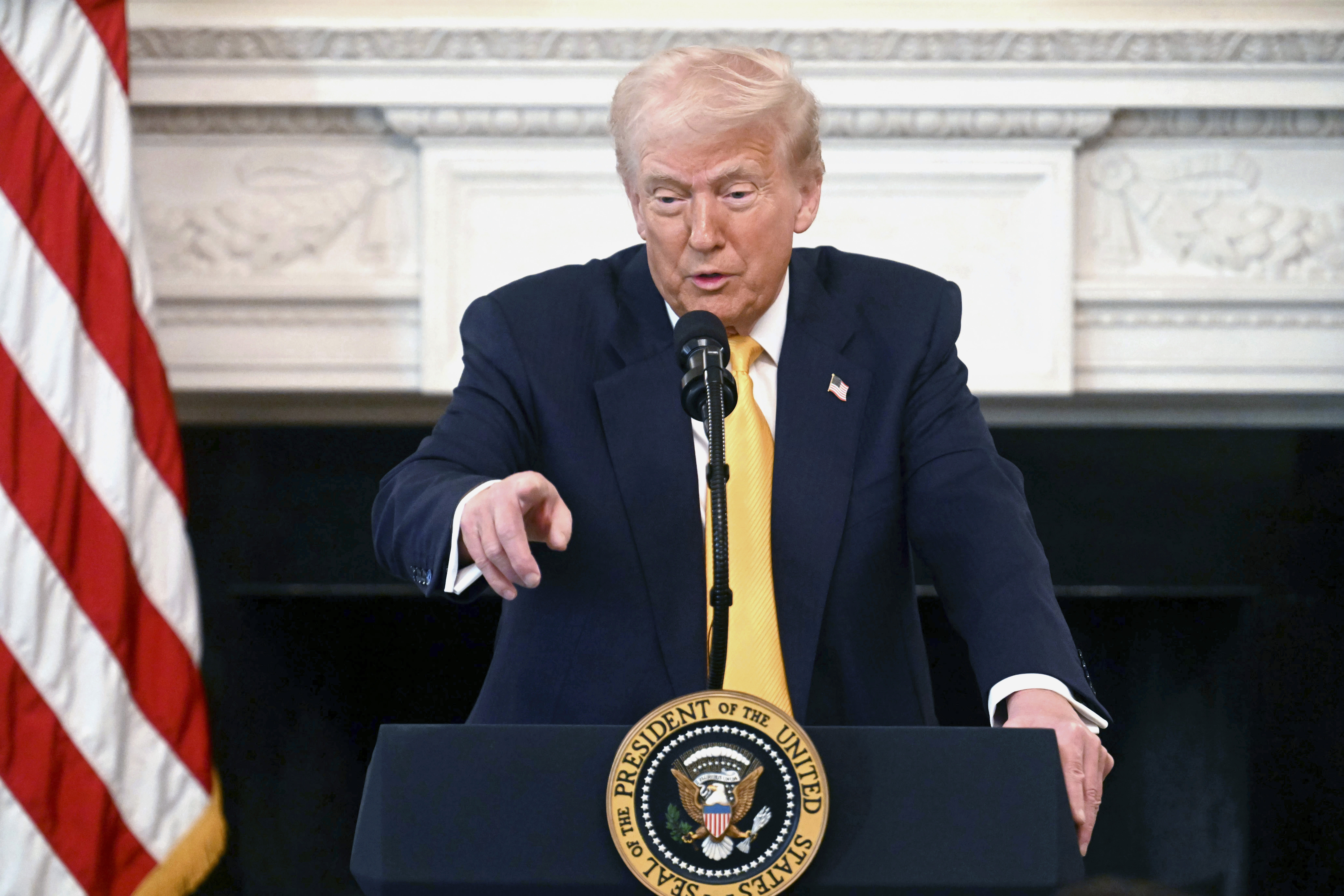 President Donald Trump speaks at the Governors Working Session in the State Dining Room of the White House in Washington, Friday, Feb. 21, 2025. (Pool via AP)