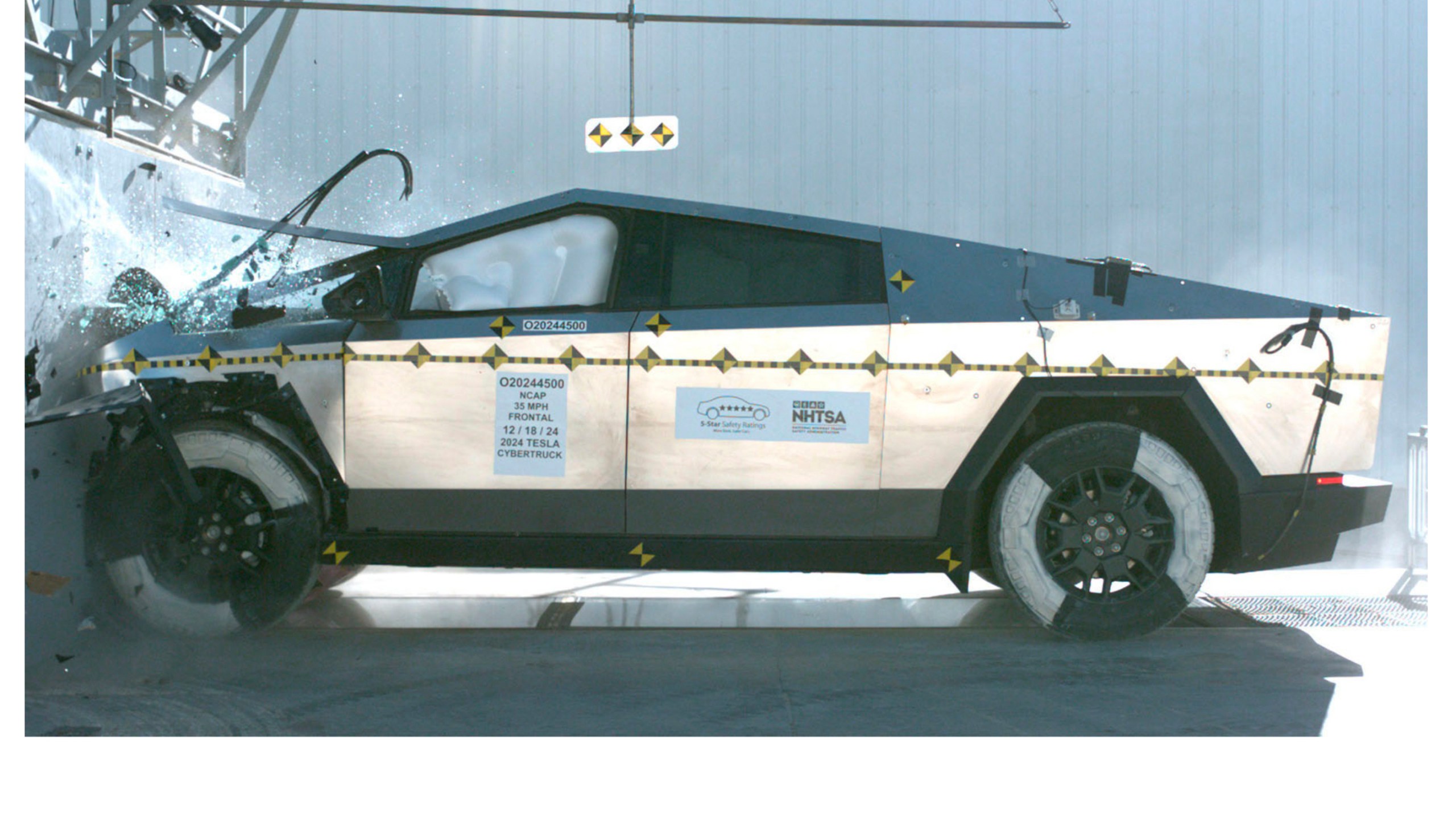 This image from a National Highway Traffic Safety Administration report released on Jan. 14, 2025 shows a crash test of a 2024 Tesla Cybertruck in Adelanto, Calif., on Dec. 18, 2024. (NHTSA via AP)