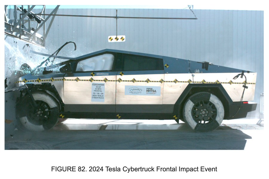 This image from a National Highway Traffic Safety Administration report released on Jan. 14, 2025 shows a crash test of a 2024 Tesla Cybertruck in Adelanto, Calif., on Dec. 18, 2024. (NHTSA via AP)