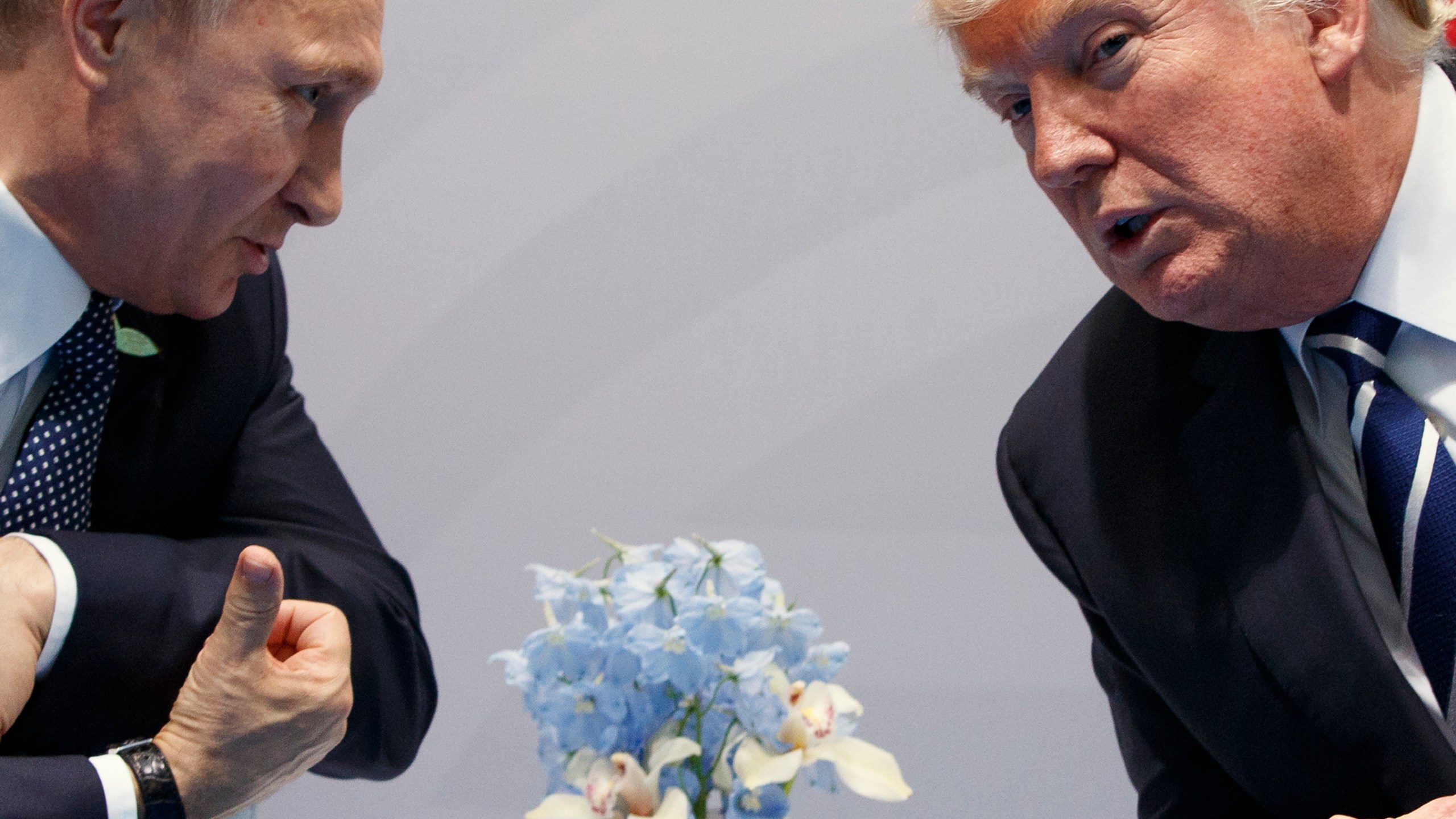 FILE – Then-U.S. President Donald Trump, right, meets with Russian President Vladimir Putin at the G20 Summit in Hamburg, Germany, Friday, July 7, 2017. (AP Photo/Evan Vucci, File)