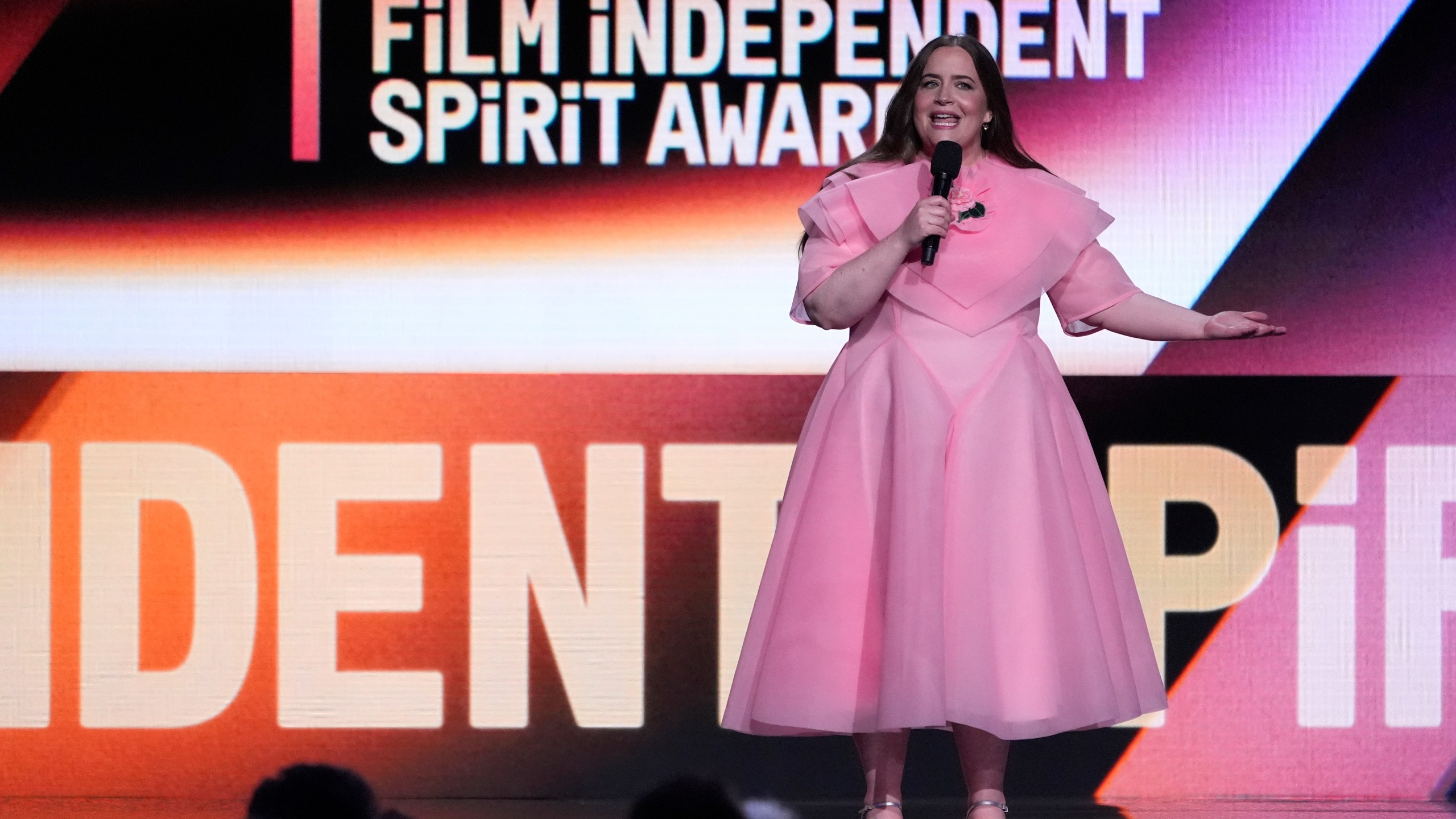 Host Aidy Bryant speaks during the Film Independent Spirit Awards on Saturday, Feb. 22, 2025, in Santa Monica, Calif. (AP Photo/Chris Pizzello)