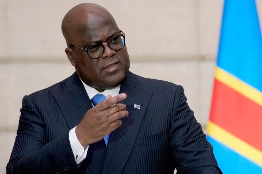 FILE - Congo's President Felix Tshisekedi speaks during a press conference at the Elysee Palace in Paris, April 30, 2024. (AP Photo/Christophe Ena, File)