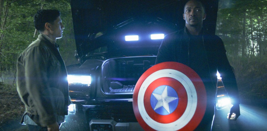 This image released by Disney shows Danny Ramirez, left, and Anthony Mackie in a scene from Marvel Studios' "Captain America: Brave New World." (Marvel Studios-Disney via AP)