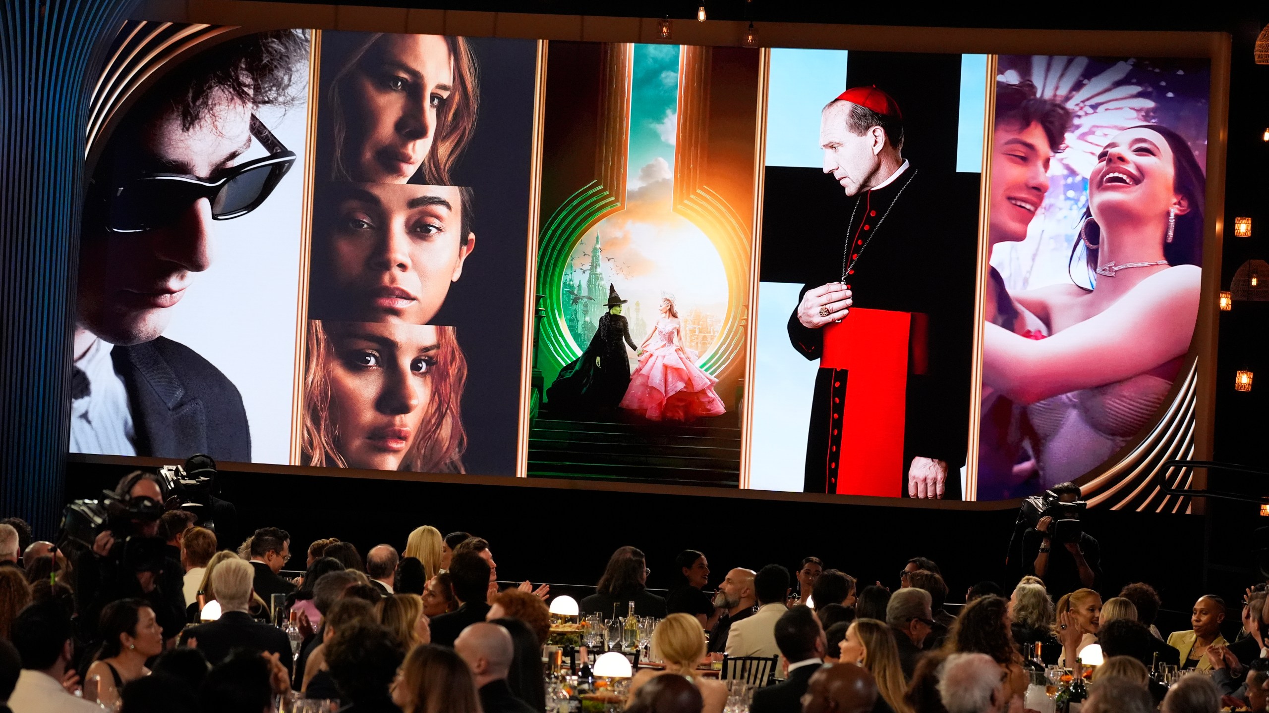 The nominees for outstanding ensemble in a motion picture during the 31st annual Screen Actors Guild Awards on Sunday, Feb. 23, 2025, at the Shrine Auditorium in Los Angeles. (AP Photo/Chris Pizzello)