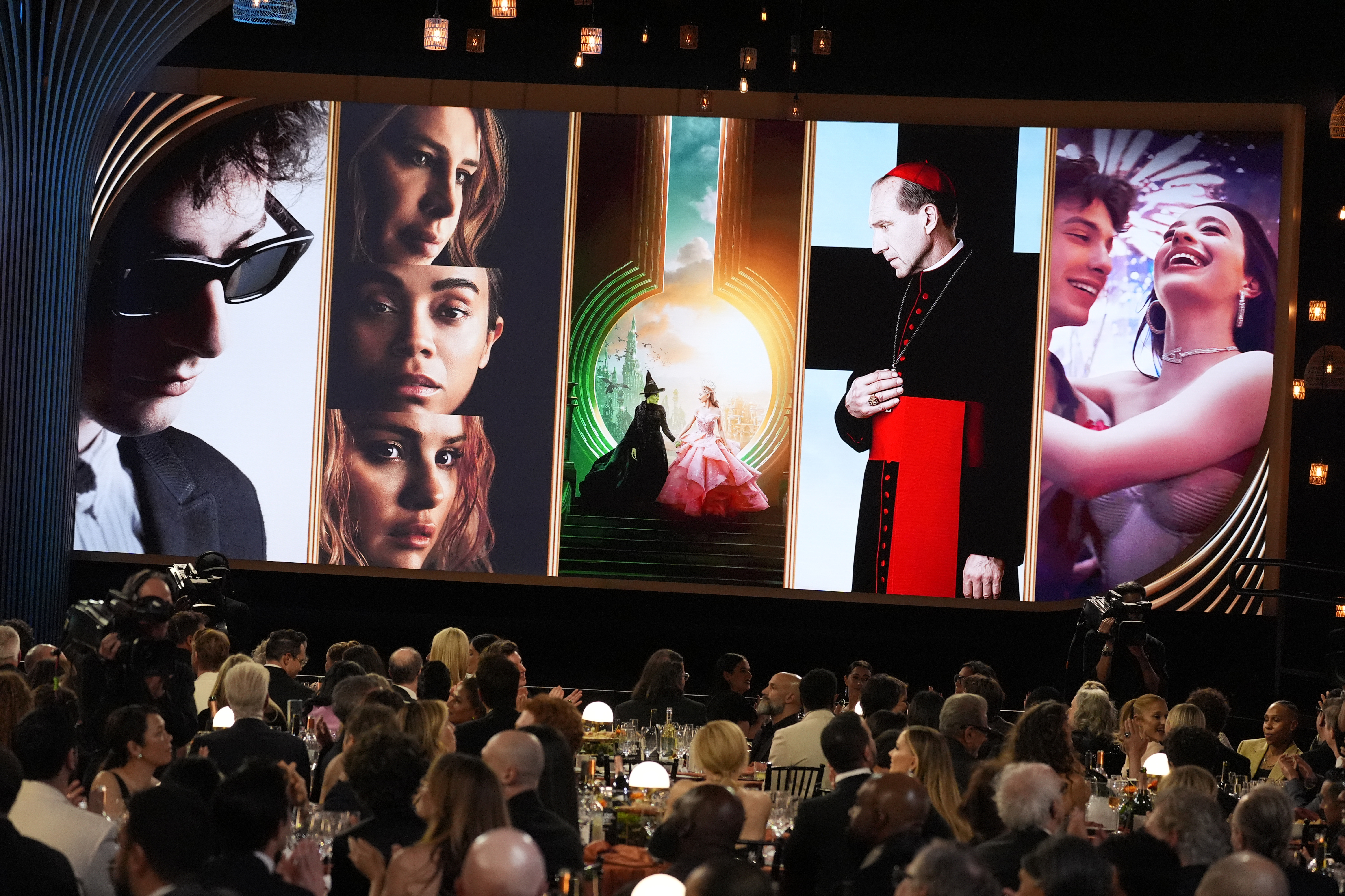 The nominees for outstanding ensemble in a motion picture during the 31st annual Screen Actors Guild Awards on Sunday, Feb. 23, 2025, at the Shrine Auditorium in Los Angeles. (AP Photo/Chris Pizzello)