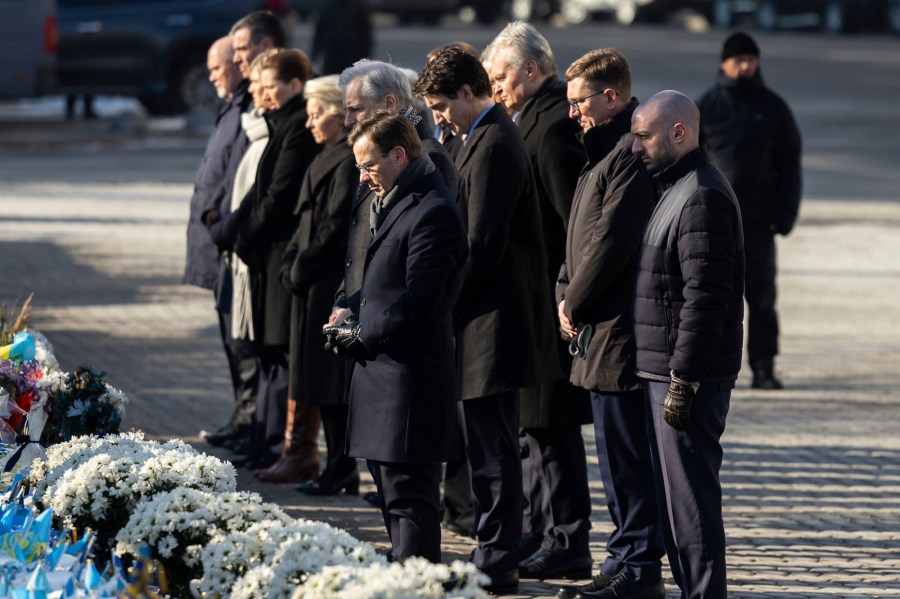 In this photo provided by the Ukrainian Presidential Press Office, European leaders attending the ceremony at the memorial to the fallen Ukrainian soldiers on Independence Square in Kyiv, Ukraine, Monday, Feb. 24, 2025. (Ukrainian Presidential Press Office via AP)