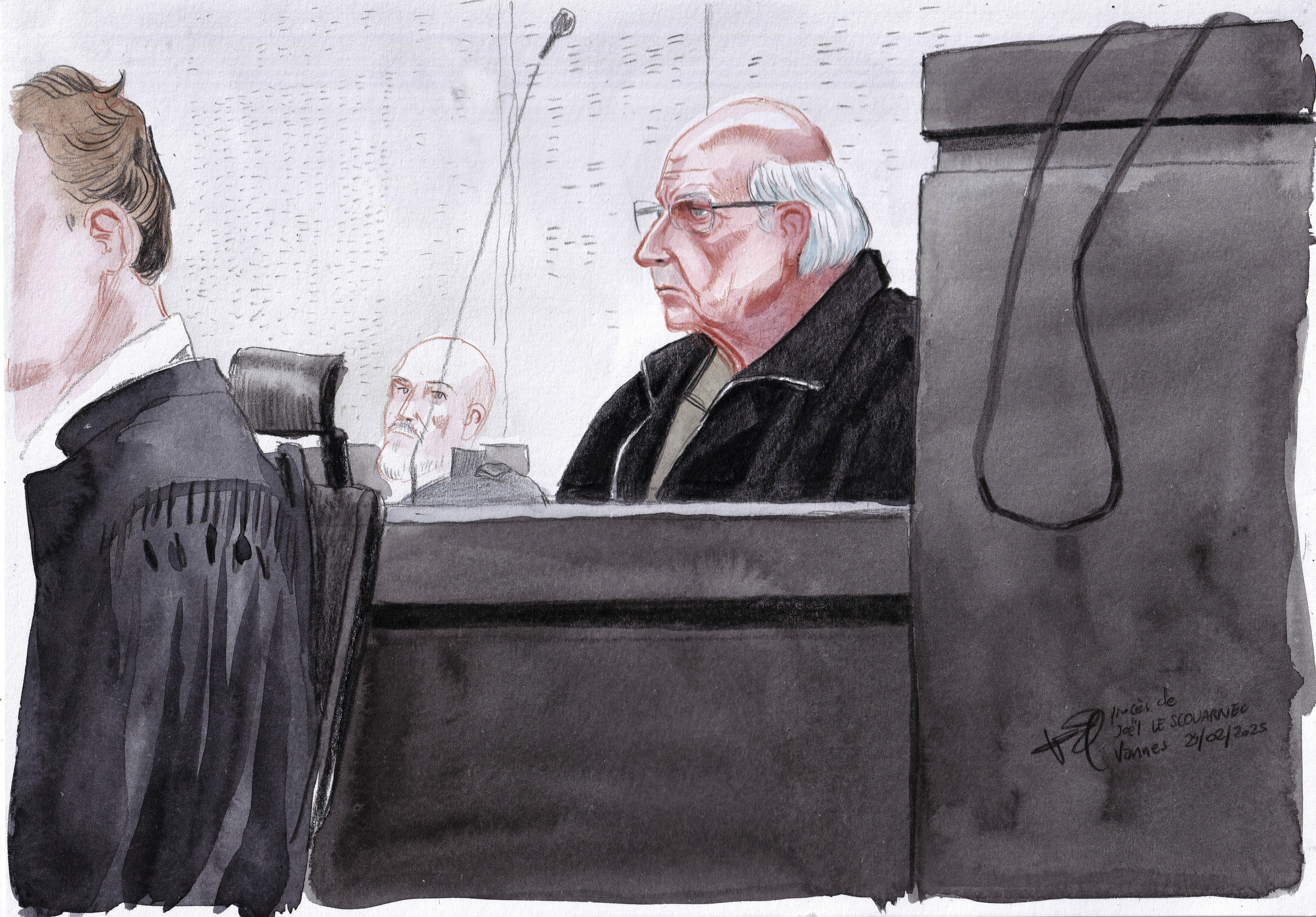 This courtroom sketch by Valentin Pasquier shows Joel Le Scouarnec, now 74, sitting in courtroom and accused of raping or abusing 299 people, mostly child patients, at the Vannes courthouse, western France, on the opening day of his trial, Monday, Feb. 24, 2025. (Valentin Pasquier via AP)