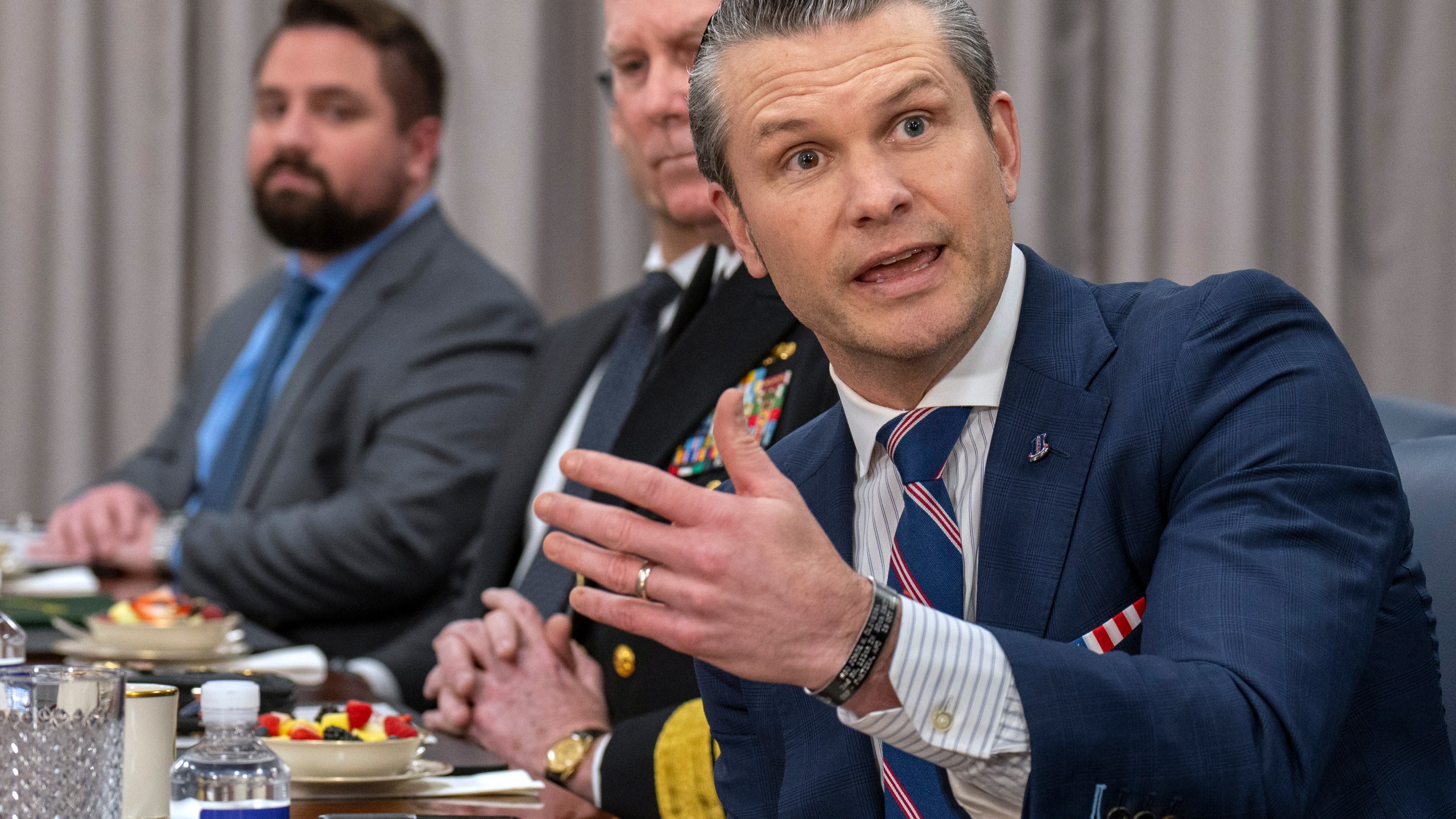 Secretary of Defense Pete Hegseth speaks during a meeting with Saudi Defense Minister Prince Khalid bin Salman, Monday, Feb. 24, 2025, at the Pentagon in Washington. (AP Photo/Jacquelyn Martin)