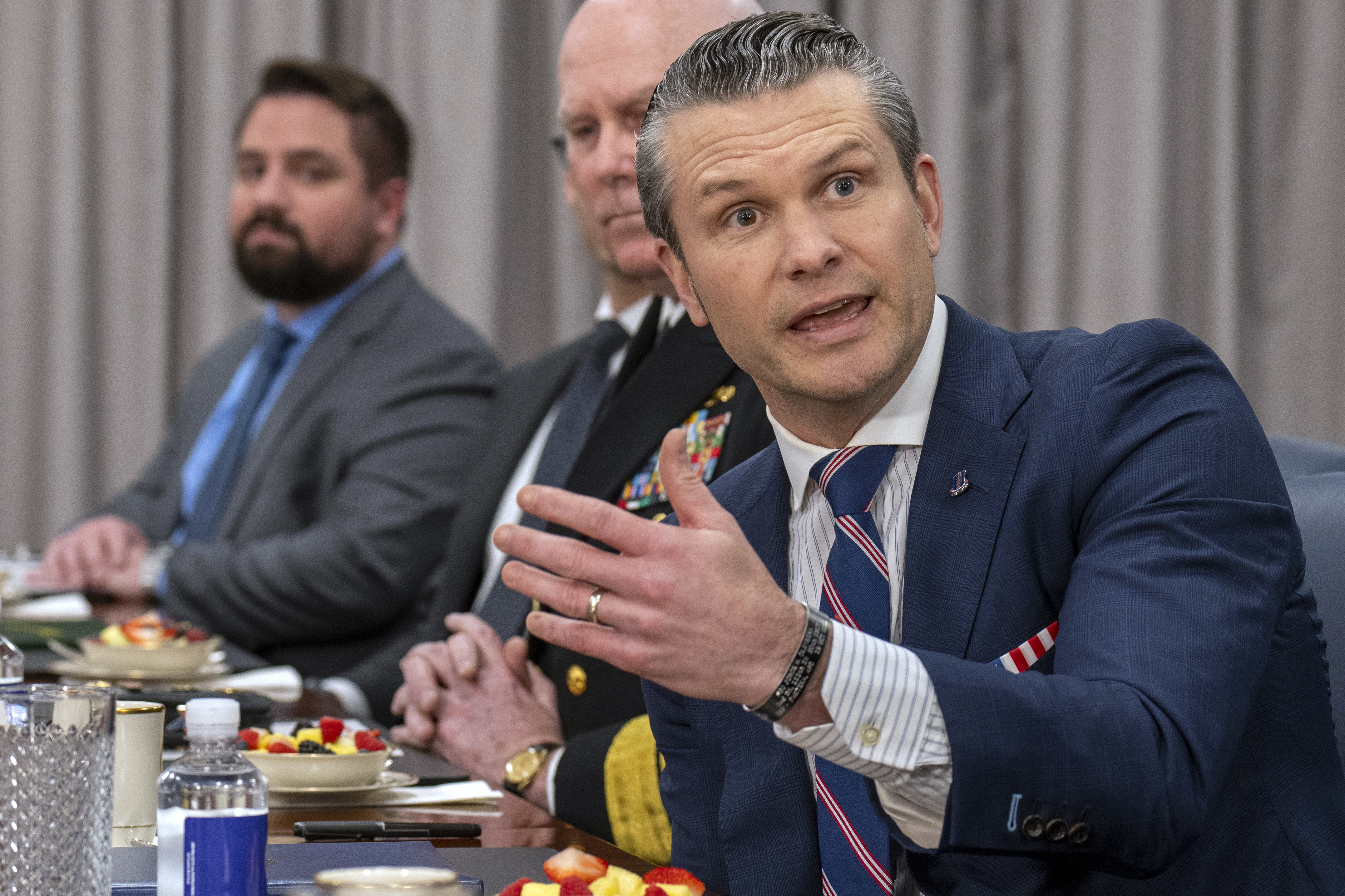 Secretary of Defense Pete Hegseth speaks during a meeting with Saudi Defense Minister Prince Khalid bin Salman, Monday, Feb. 24, 2025, at the Pentagon in Washington. (AP Photo/Jacquelyn Martin)