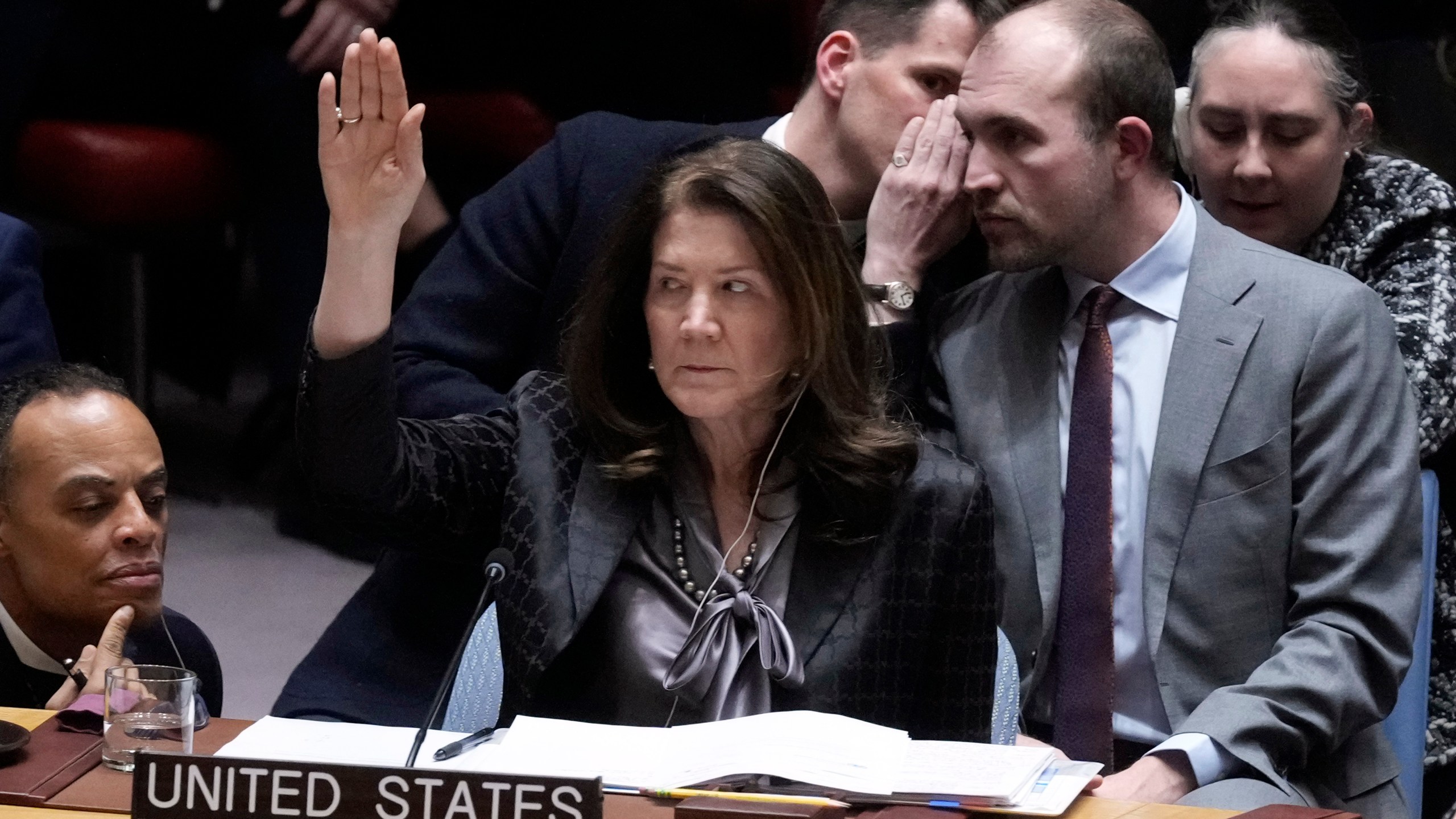 US Ambassador Dorothy Camille Shea votes in the UN Security Council, Monday, Feb. 24, 2025, at the United Nations headquarters. (AP Photo/Richard Drew)