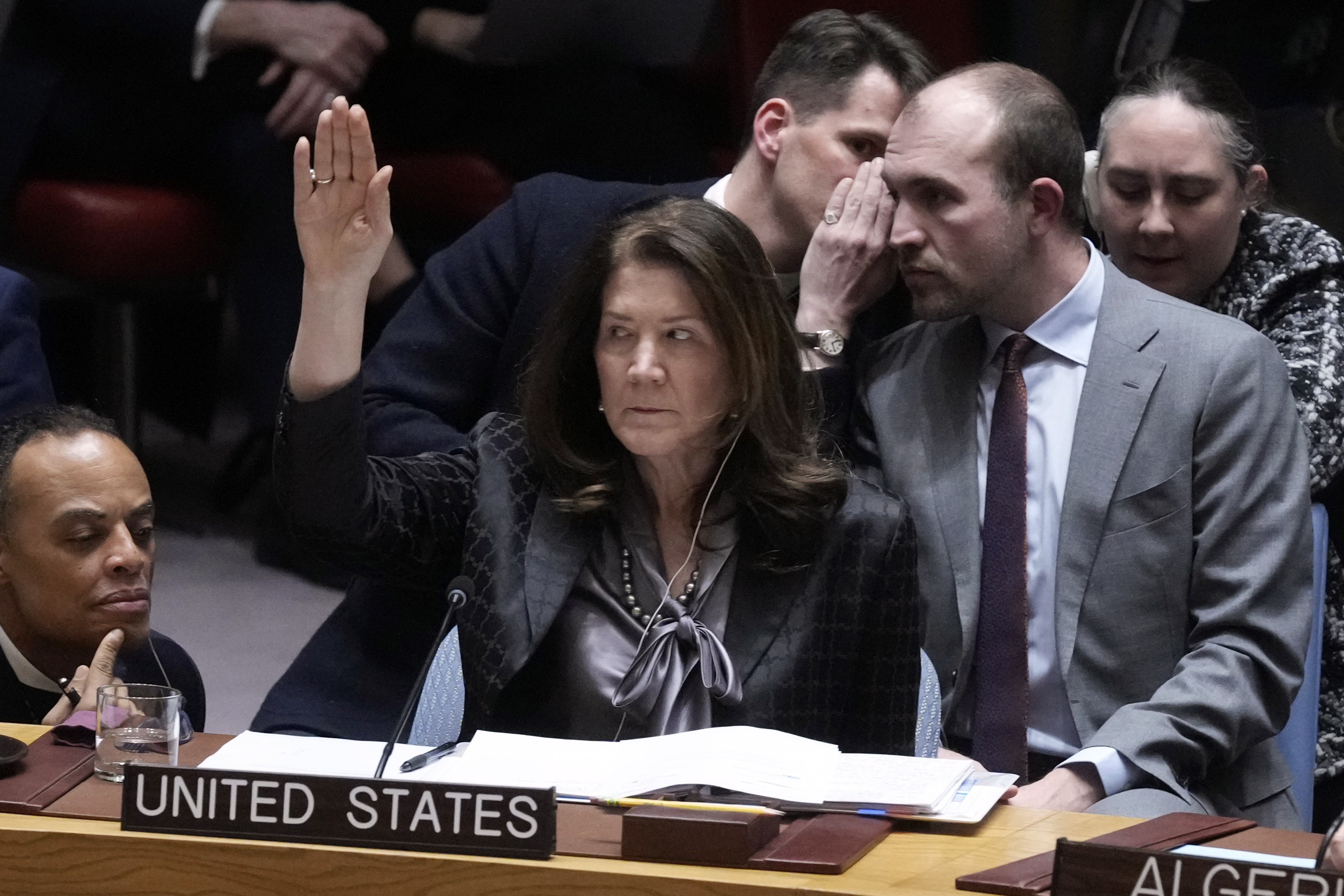 US Ambassador Dorothy Camille Shea votes in the UN Security Council, Monday, Feb. 24, 2025, at the United Nations headquarters. (AP Photo/Richard Drew)