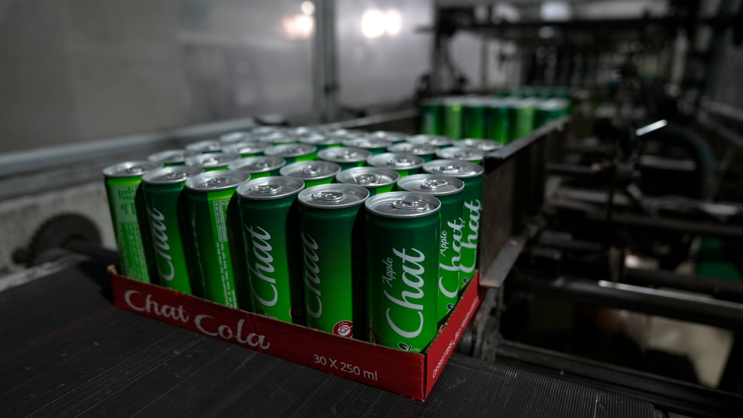 Completed aluminum cans of the Chat Cola Company brand Chat Apple carbonated soft drink move along a production line in the Palestinian company's bottling plant, in the West Bank city of Salfit, Feb. 13, 2025. (AP Photo/Nasser Nasser)