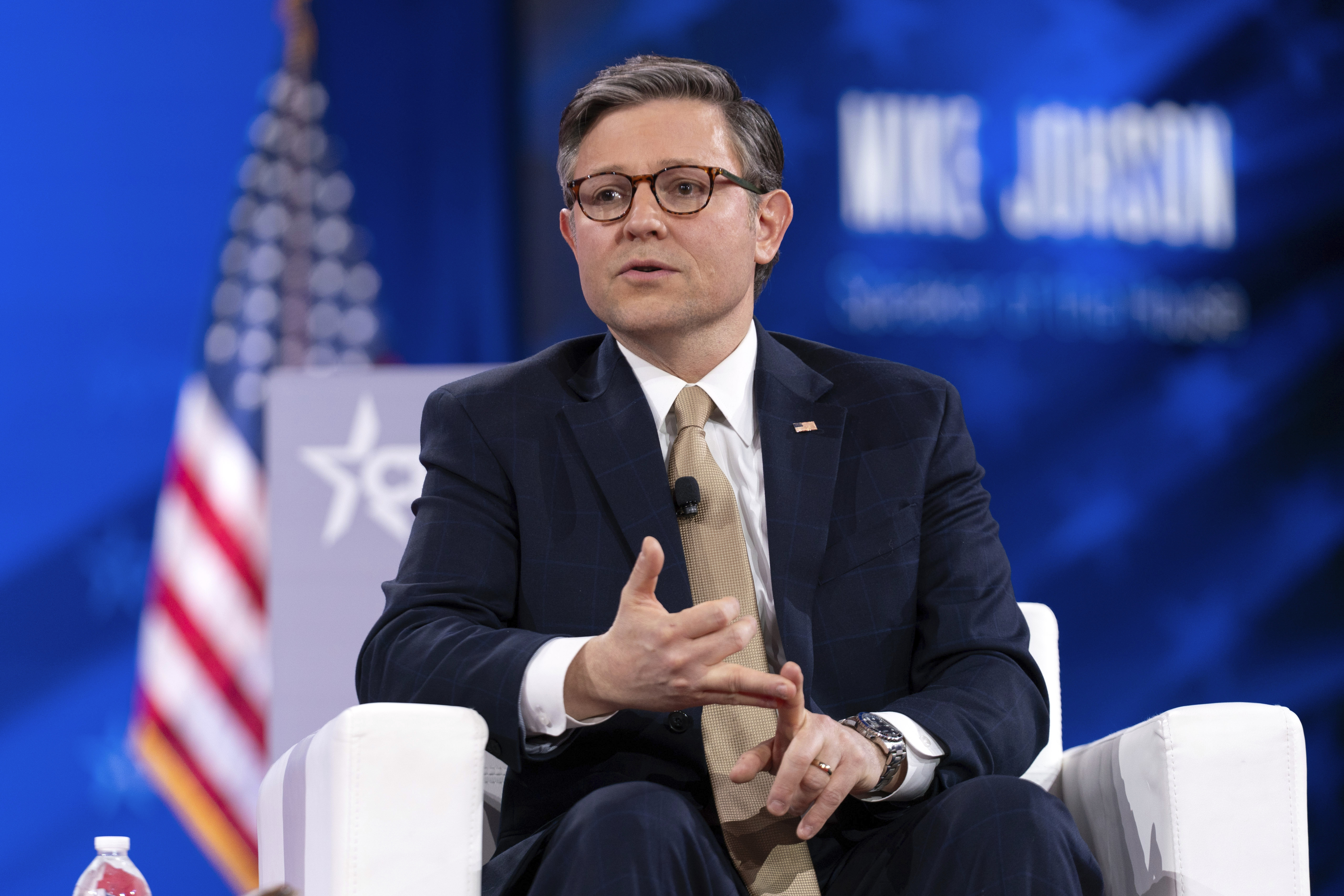 Speaker of the House Mike Johnson, R-La., speaks at the Conservative Political Action Conference, CPAC, at the Gaylord National Resort & Convention Center, Thursday, Feb. 20, 2025, in Oxon Hill, Md. (AP Photo/Jose Luis Magana)