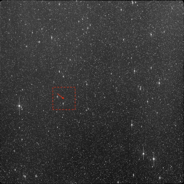 This image made available by University of Hawaii's asteroid impact alert system, shows an arrow where asteroid 2024 YR4 would be, Dec. 27, 2024. (ATLAS / University of Hawaii / NASA via AP)