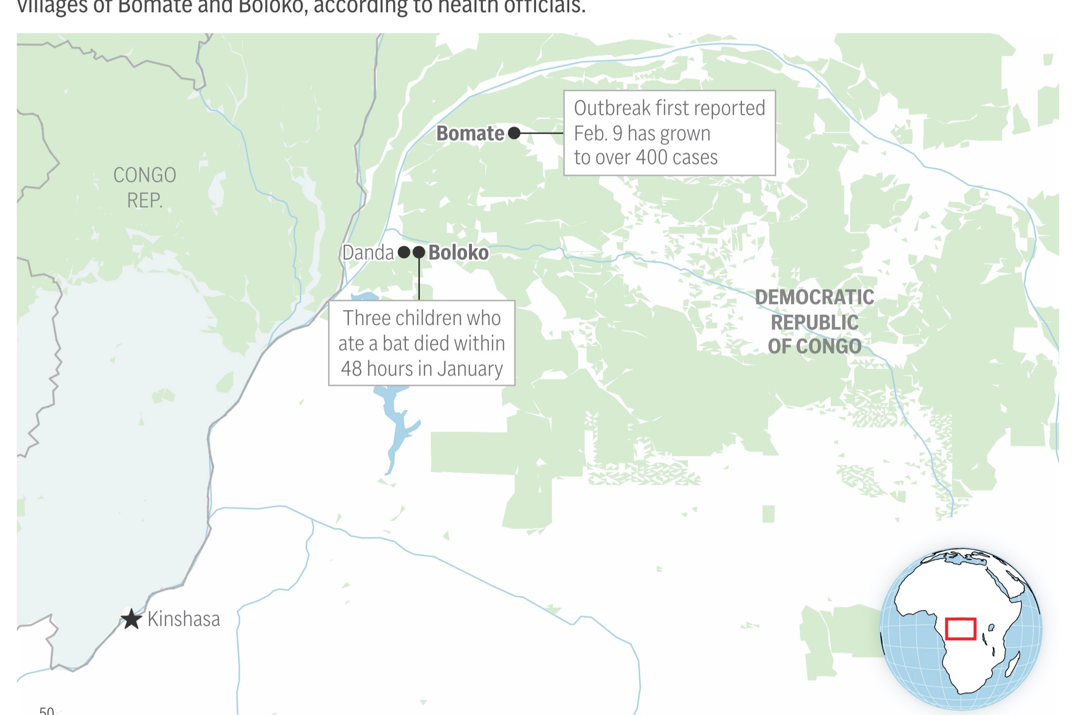 A hemorrhagic fever outbreak in the Democratic Republic of Congo has left more than 50 people dead. (AP Graphic)