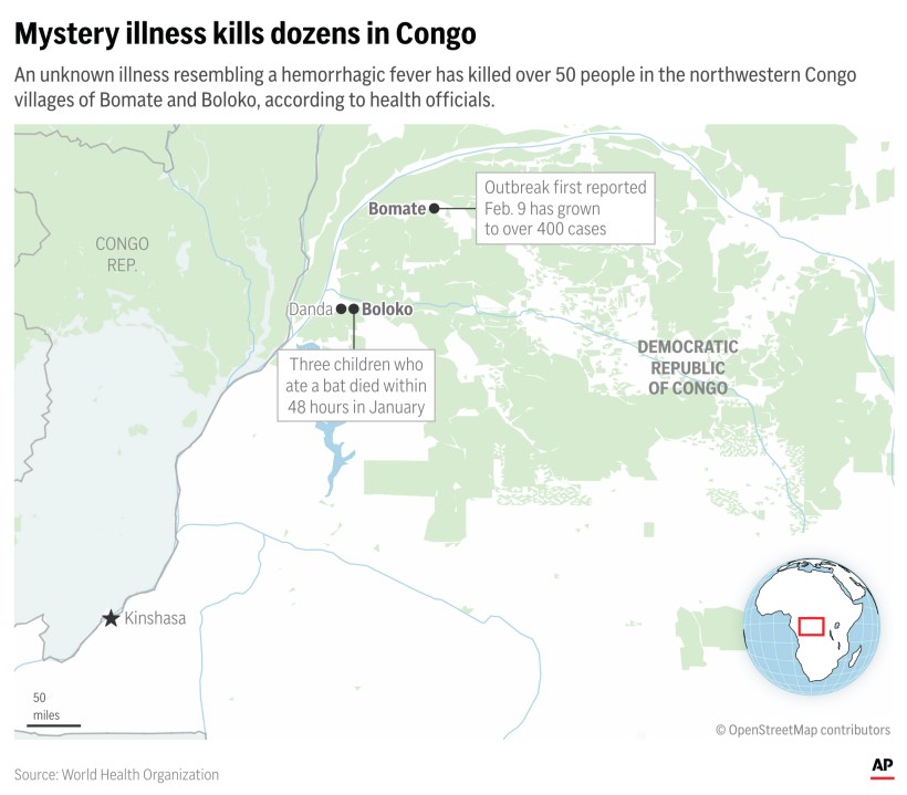 A hemorrhagic fever outbreak in the Democratic Republic of Congo has left more than 50 people dead. (AP Graphic)