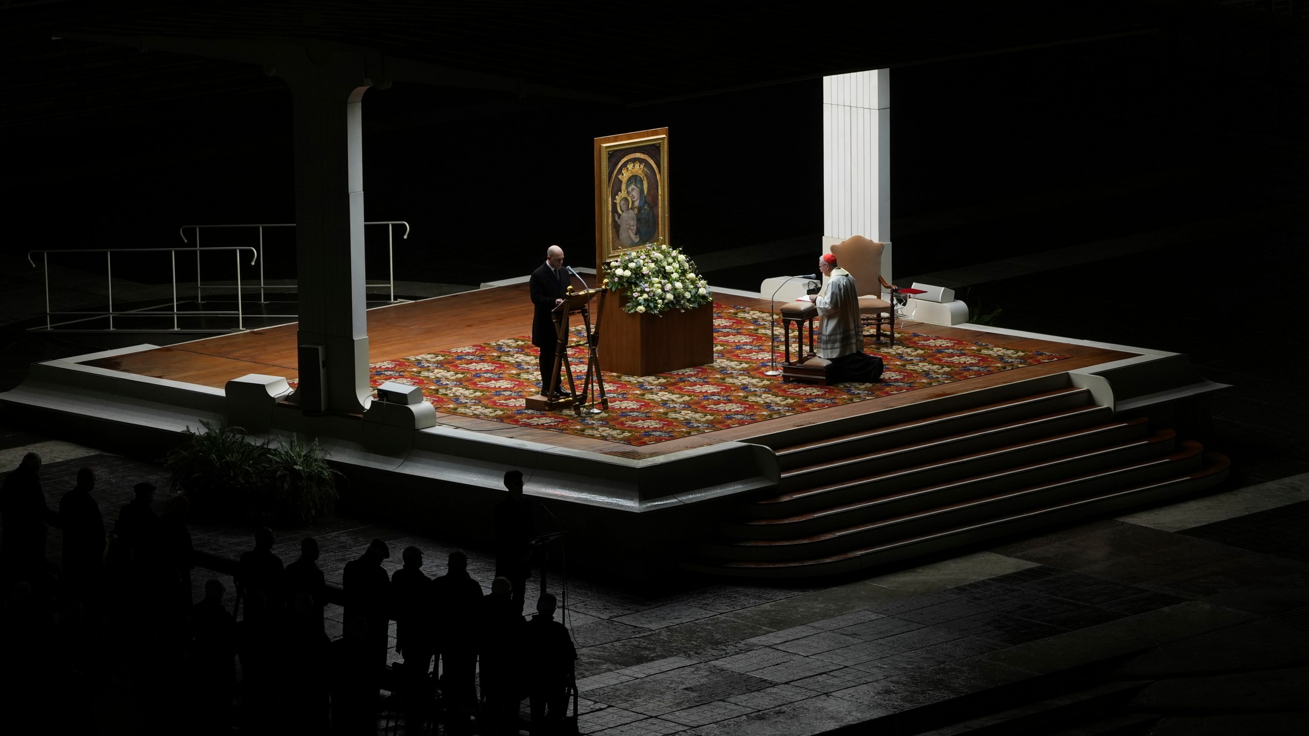 Cardinal Pietro Parolin, Vatican Secretary of State during a rosary prayer service held for the health of Pope Francis in St Peter's Square at The Vatican, Monday, Feb. 24, 2025. (AP Photo/Kirsty Wigglesworth)