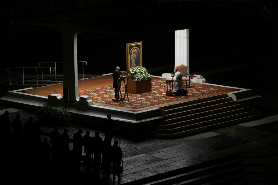 Cardinal Pietro Parolin, Vatican Secretary of State during a rosary prayer service held for the health of Pope Francis in St Peter's Square at The Vatican, Monday, Feb. 24, 2025. (AP Photo/Kirsty Wigglesworth)