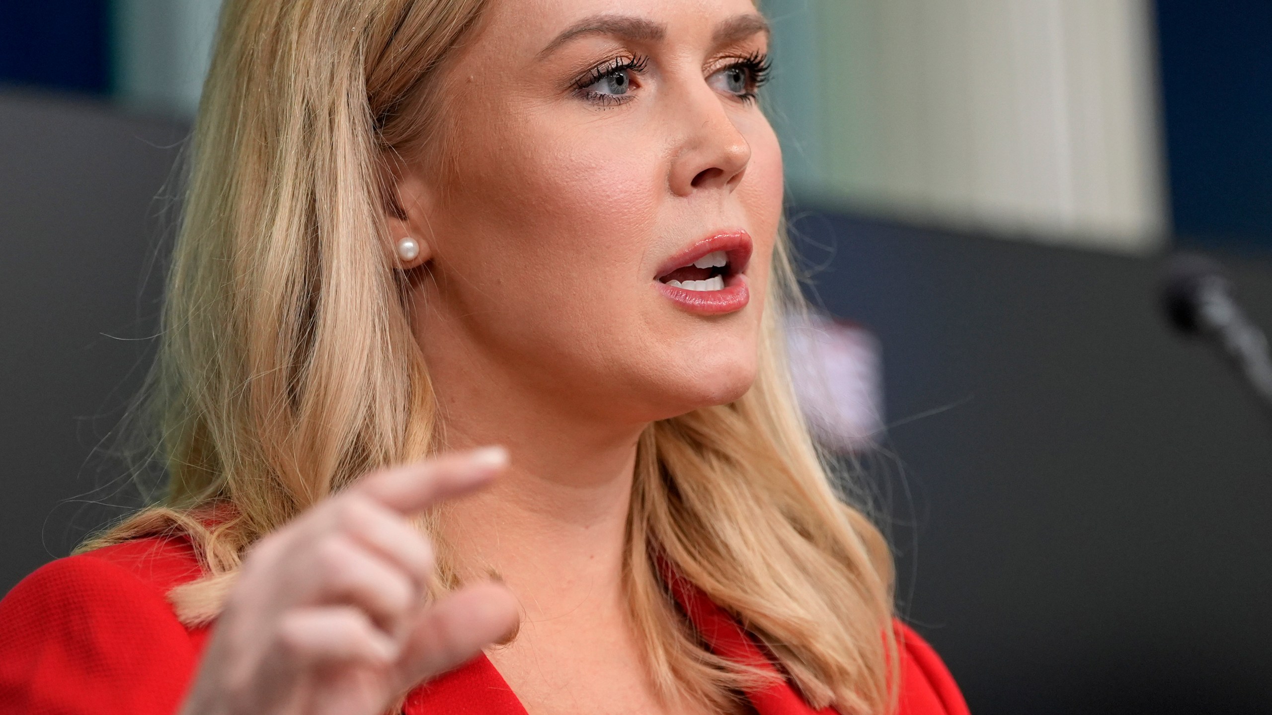 White House press secretary Karoline Leavitt speaks with reporters in the James Brady Press Briefing Room at the White House, Tuesday, Feb. 25, 2025, in Washington. (AP Photo/Alex Brandon)