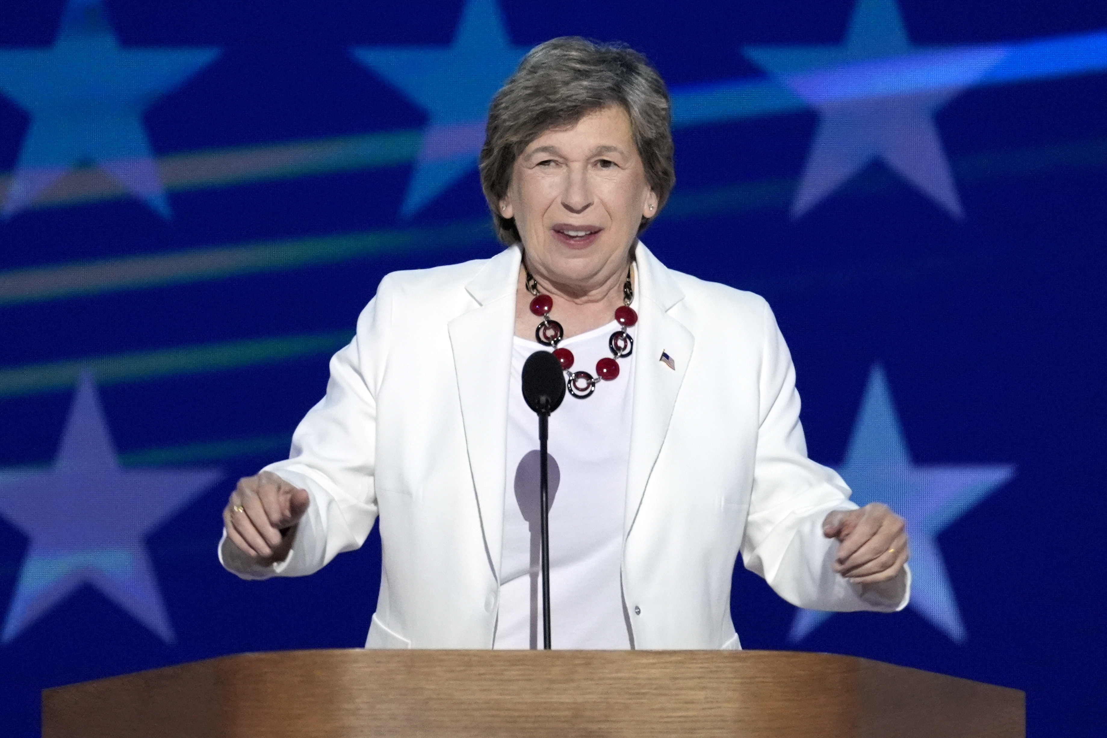 FILE - Randi Weingarten, president of the American Federation of Teachers, speaks during the Democratic National Convention Aug. 22, 2024, in Chicago. (AP Photo/J. Scott Applewhite, File)