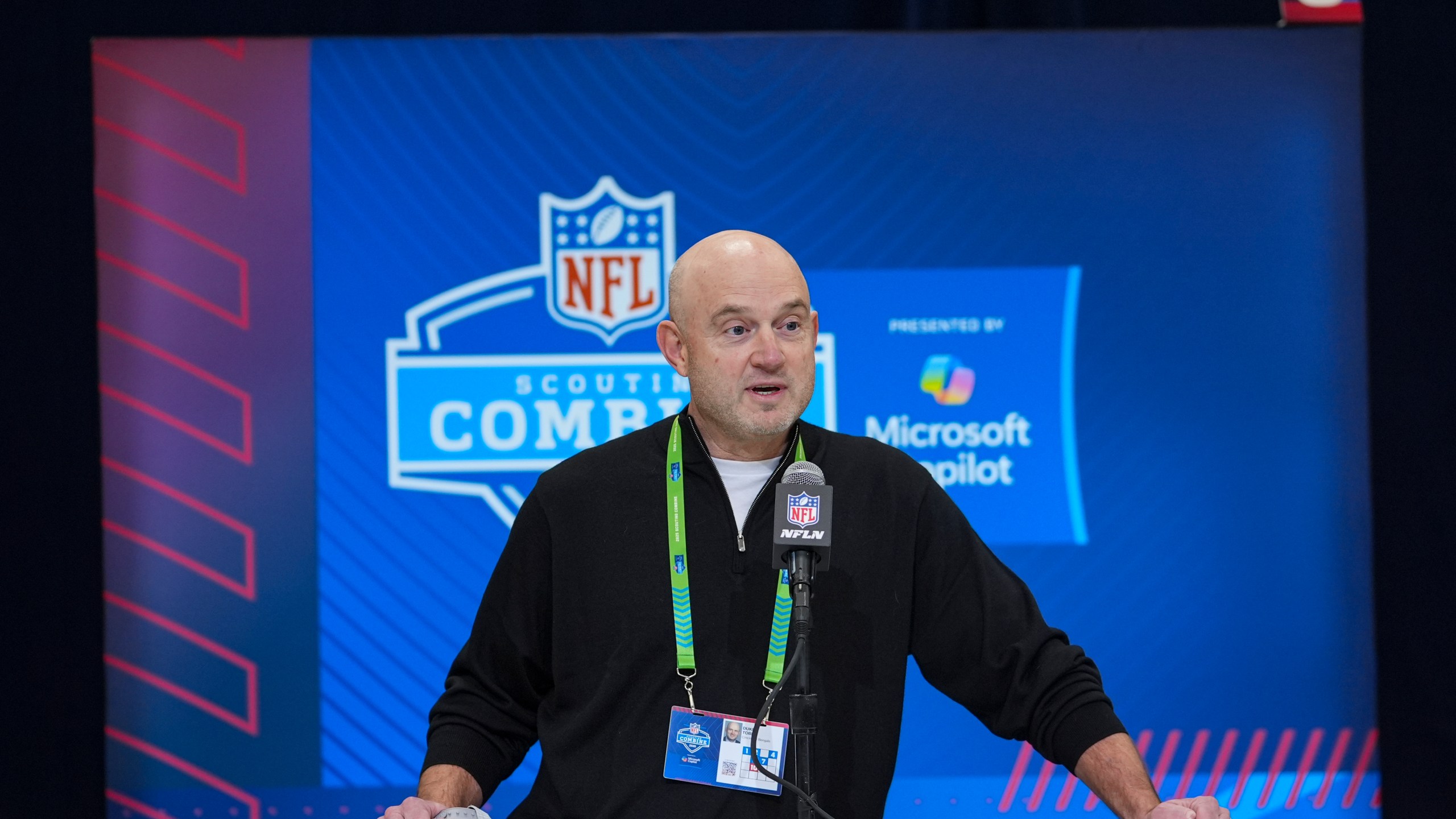 Cincinnati Bengals director of player personnel Duke Tobin speaks during a press conference at the NFL football scouting combine in Indianapolis, Tuesday, Feb. 25, 2025. (AP Photo/Michael Conroy)