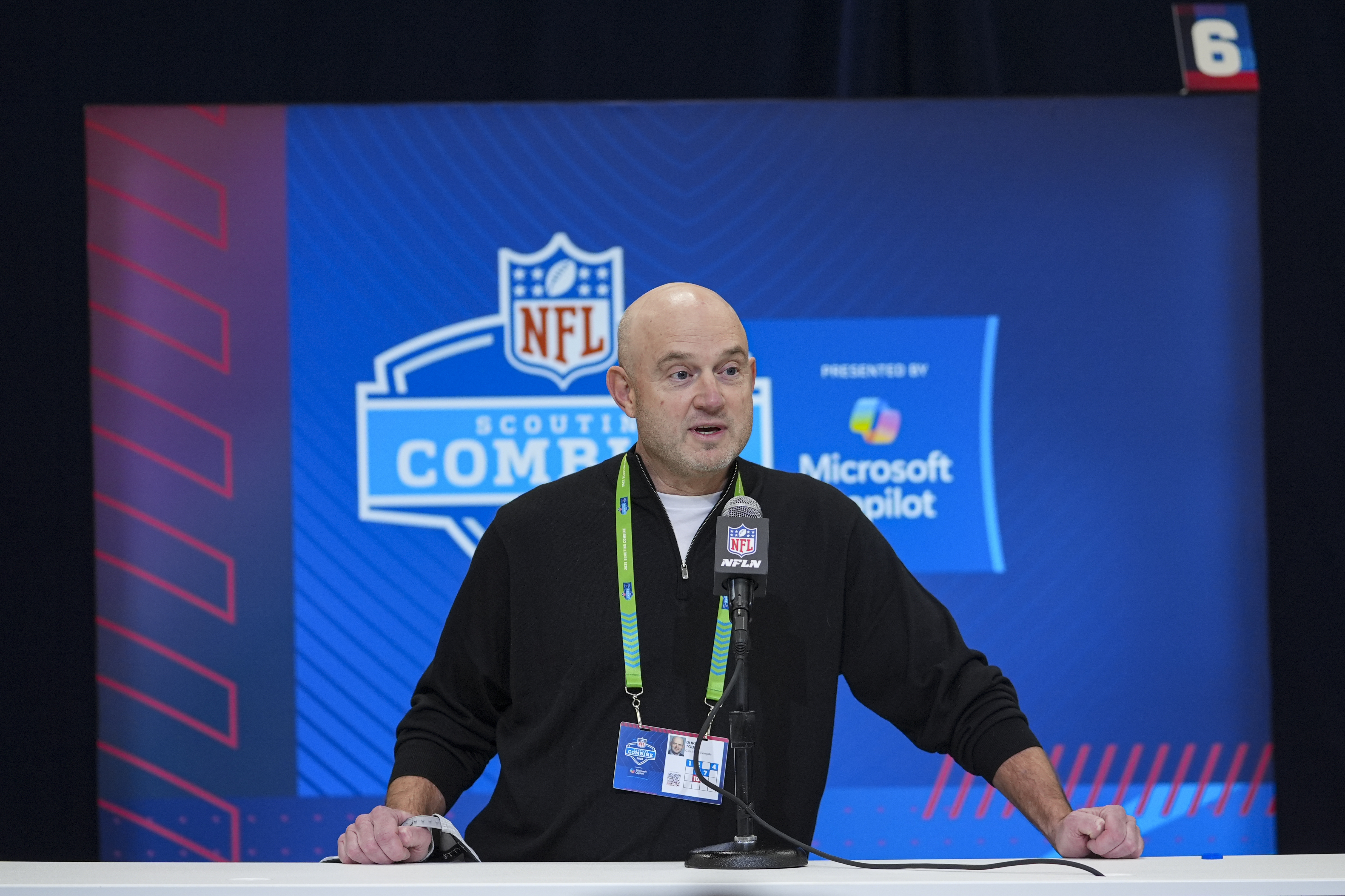 Cincinnati Bengals director of player personnel Duke Tobin speaks during a press conference at the NFL football scouting combine in Indianapolis, Tuesday, Feb. 25, 2025. (AP Photo/Michael Conroy)