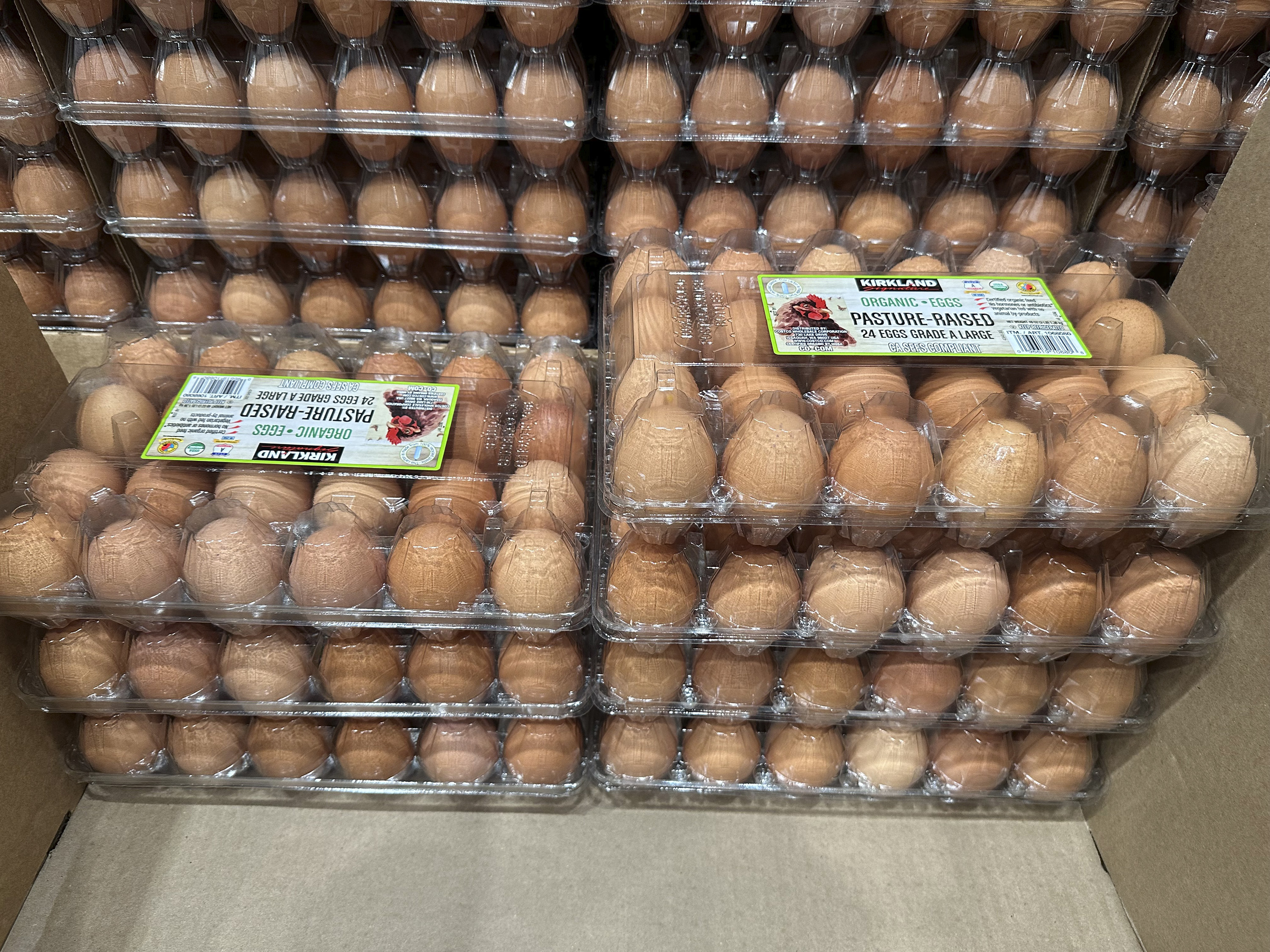 Cartons of eggs sit on display in a Costco warehouse Tuesday, Feb. 18, 2025, in Sheridan, Colo. (AP Photo/David Zalubowski)