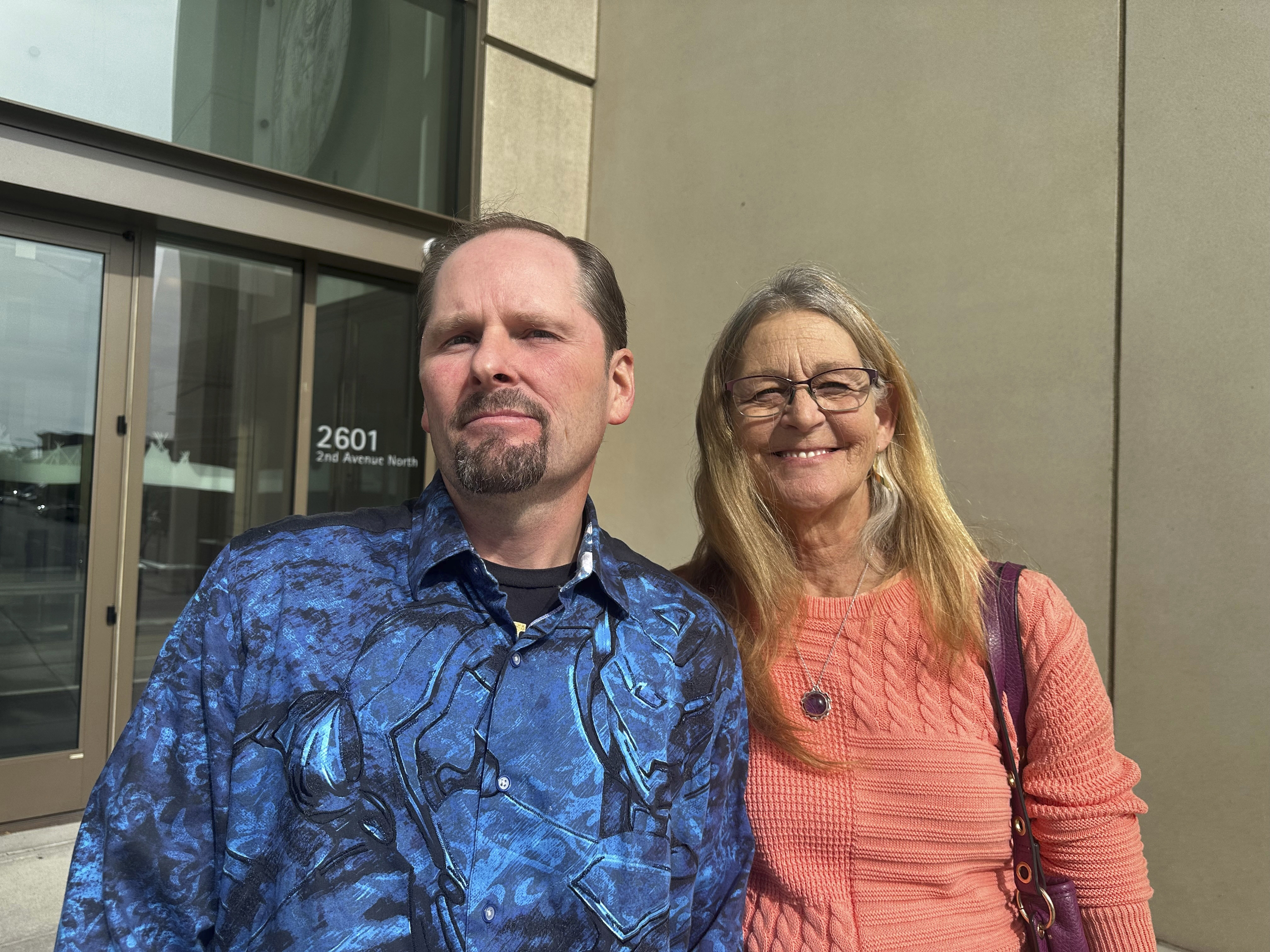 FILE - Richard Rogers and his wife Laurie stand outside the James F. Battin Federal Courthouse, Tuesday, Oct. 1, 2024, in Billings, Mont. (AP Photo/Matthew Brown, File)